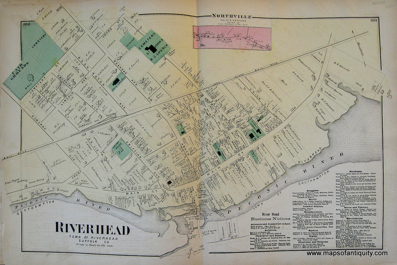 Antique-Hand-Colored-Map-Riverhead-verso-Southold-Mattituck-and-Greenport-(NY)-******-United-States-Northeast-1873-Beers-Maps-Of-Antiquity