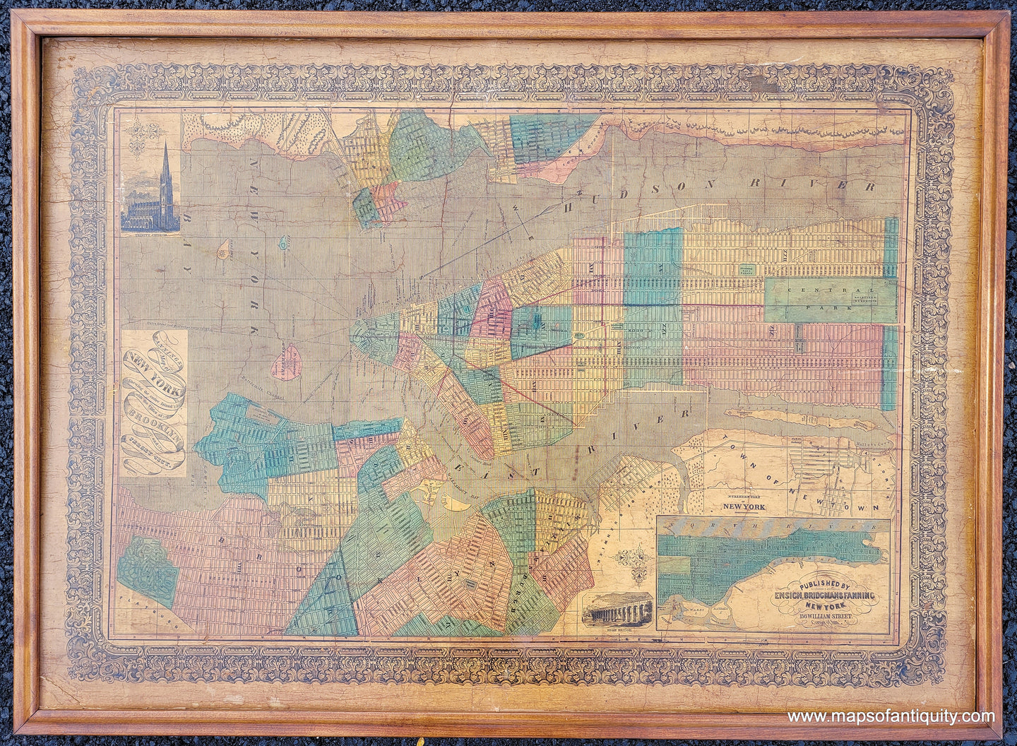 Framed-Genuine-Antique-Map-Fannings-Map-of-New-York-shewing-the-entire-Island-with-the-Cities-of-Brooklyn-and-Jersey-City-1856-Ensign,-Bridgman-&-Fanning-Maps-Of-Antiquity