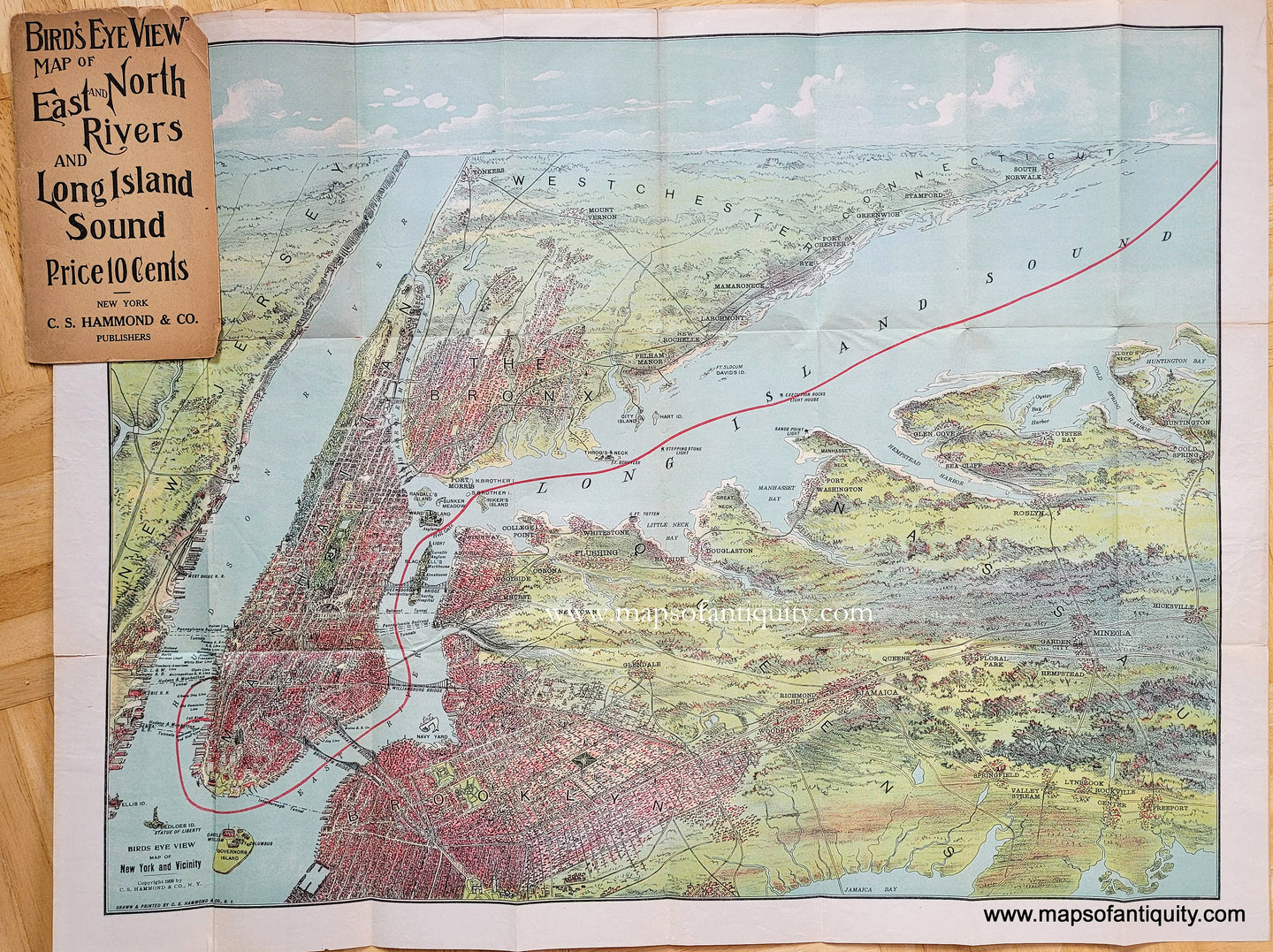 Antique-Folding-Map-New-York-City-Manhattan-Bird's-Eye-View-East-North-Rivers-Long-Island-Sound-1912-Hammond