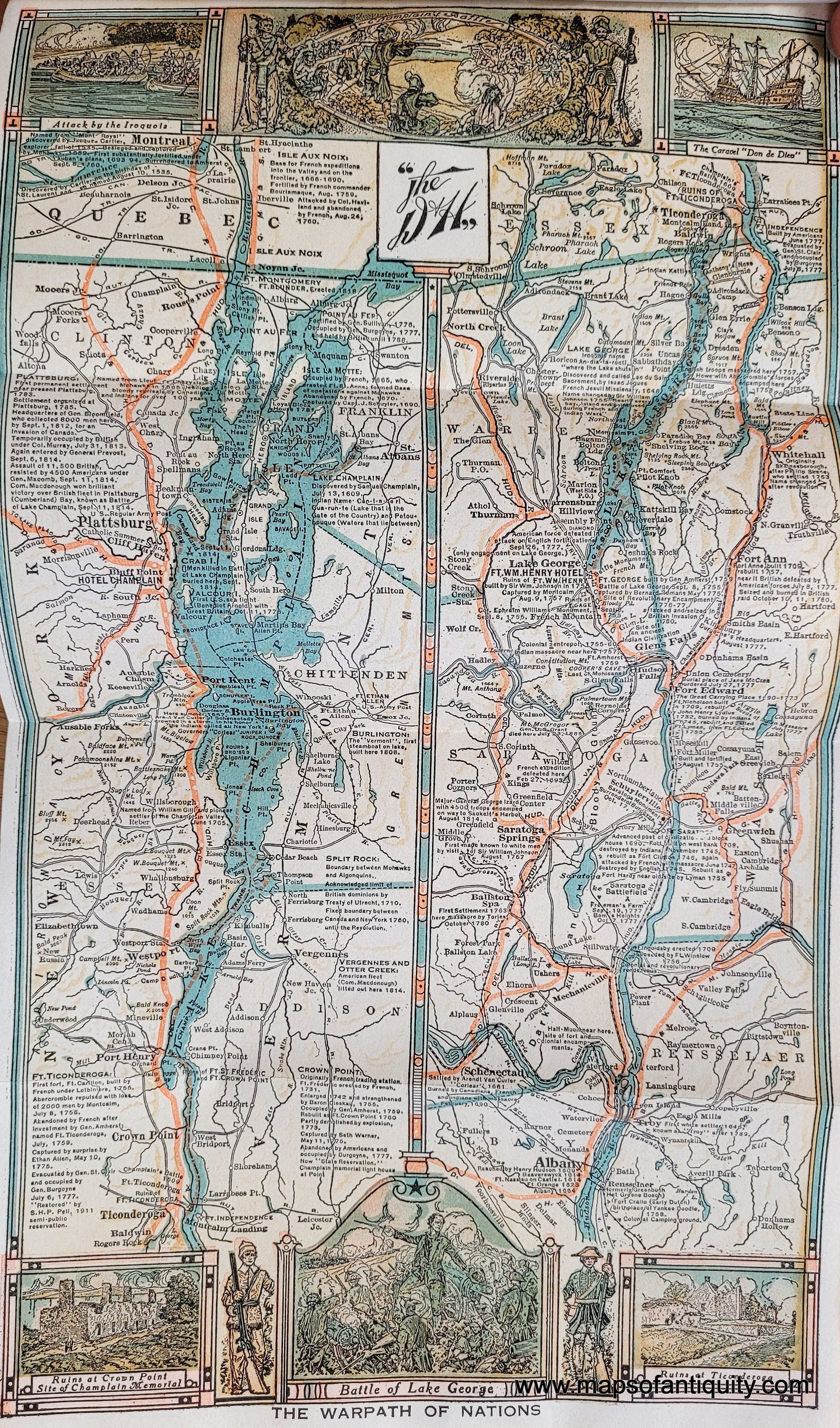 Genuine-Antique-Printed-Color-Folding-Map-in-Book-A-Summer-Paradise.-Lake-George-Lake-Champlain-the-Adirondacks-and-Summer-Resorts-on-the-Lines-of-the-Delaware-Hudson-Co.-1922-Delaware-Hudson-Co.-Maps-Of-Antiquity