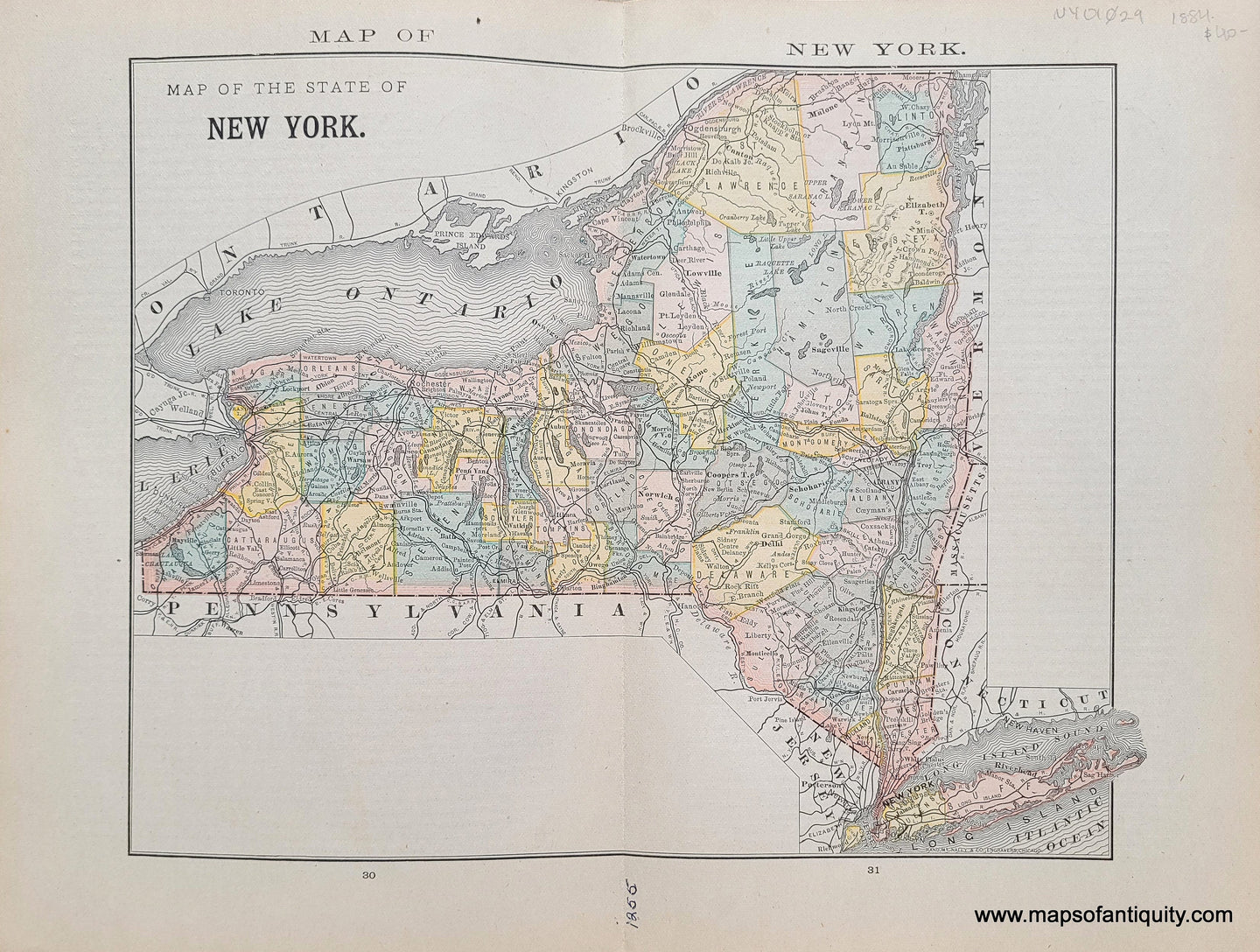 Genuine Antique Map-Map of the State of New York-1884-Rand McNally & Co-Maps-Of-Antiquity