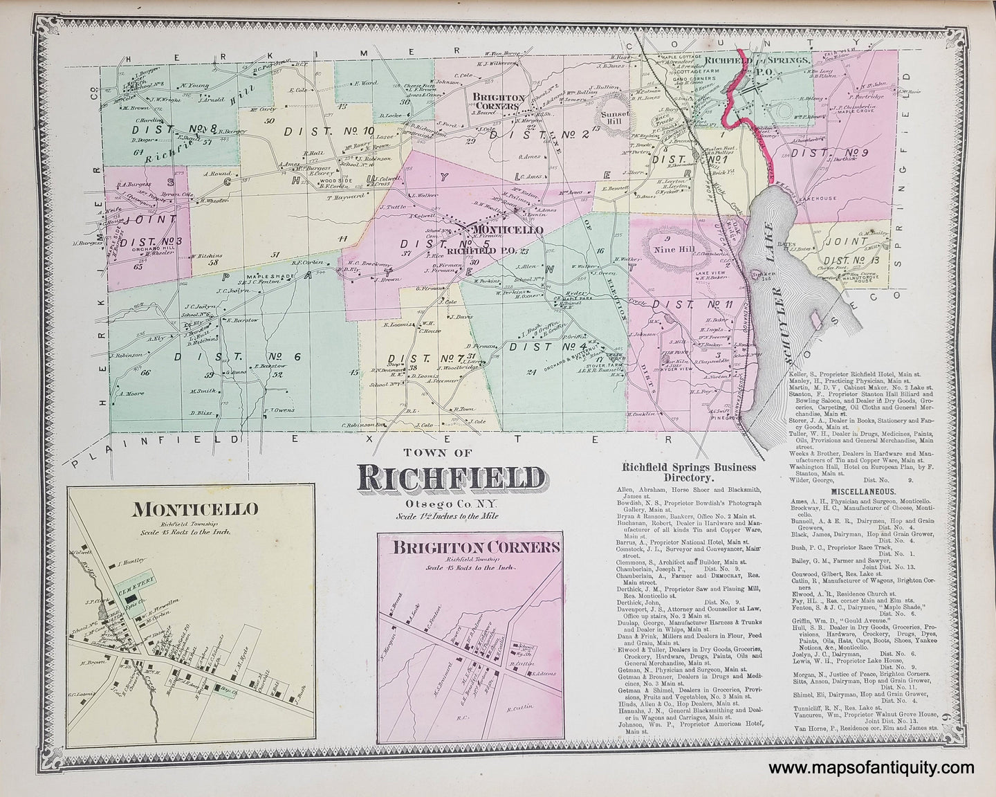 1868 Antique Map Town Of Richfield Otsego Co Ny Maps Of Antiquity 4950