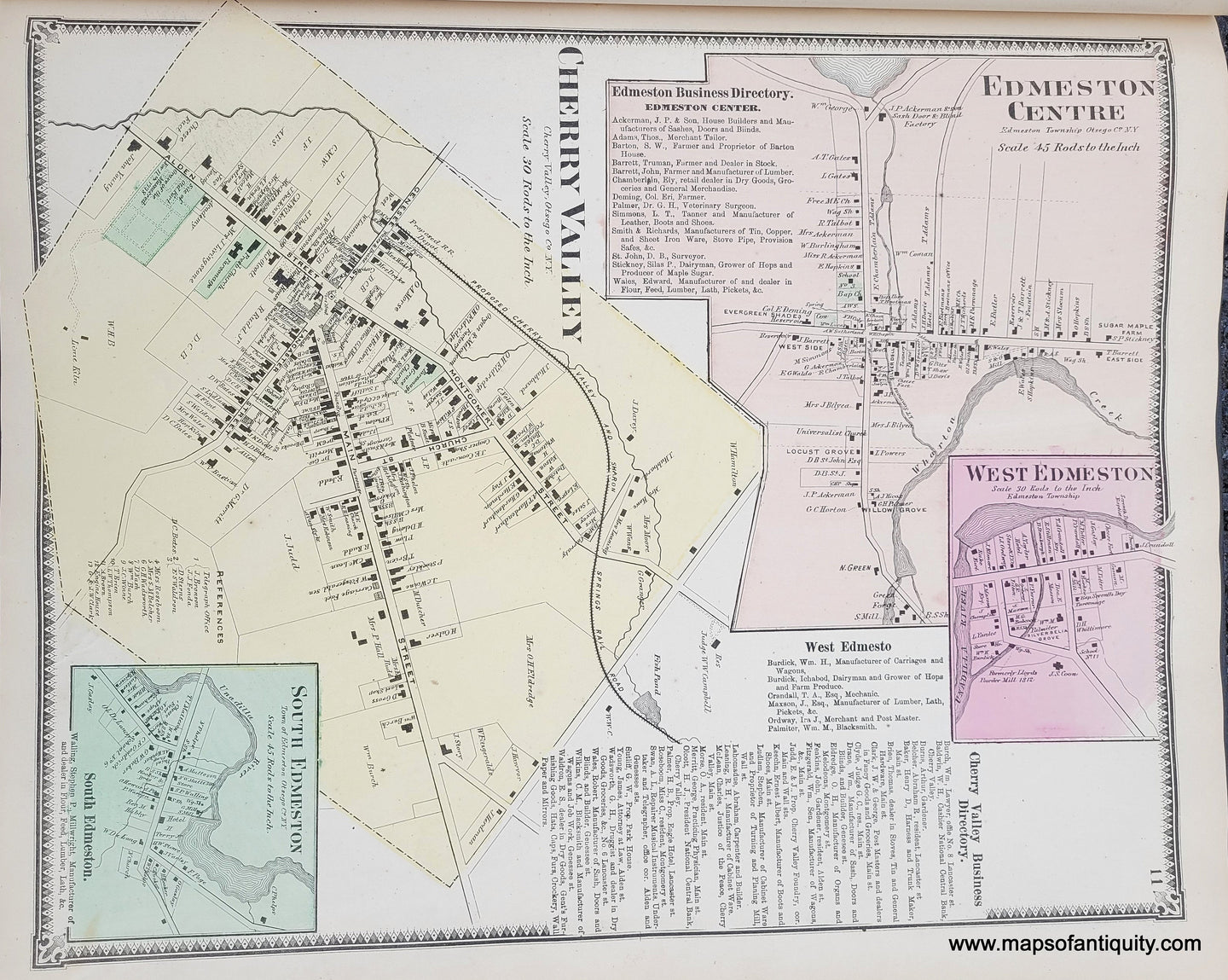 Genuine-Antique-Map-Cherry-Valley-Edmeston-Centre-West-Edmeston-South-Edmeston-Otsego-Co-NY-1868-Beers-Ellis-&-Soule-Maps-Of-Antiquity