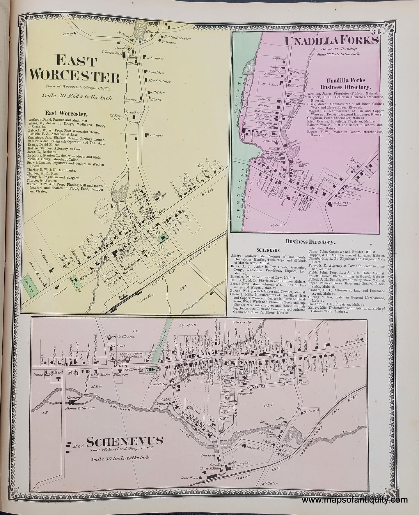 Genuine-Antique-Map-East-Worcester-Unadilla-Forks-Plainfield-Township--and-Schenevus-Town-fo-Maryland--Otsego-Co-NY-1868-Beers-Ellis-&-Soule-Maps-Of-Antiquity