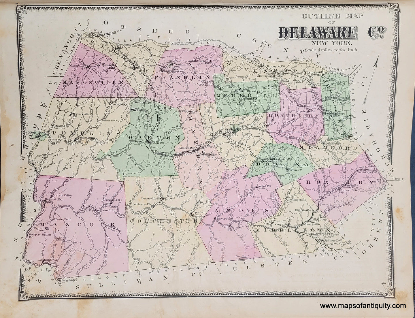 Genuine-Antique-Map-Outline-Map-of-Delaware-Co-New-York-1869-Beers-Ellis-Soule-Maps-Of-Antiquity