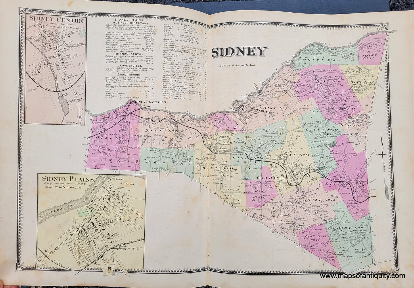 Genuine-Antique-Map-Sidney-Delaware-Co-NY-1869-Beers-Ellis-Soule-Maps-Of-Antiquity