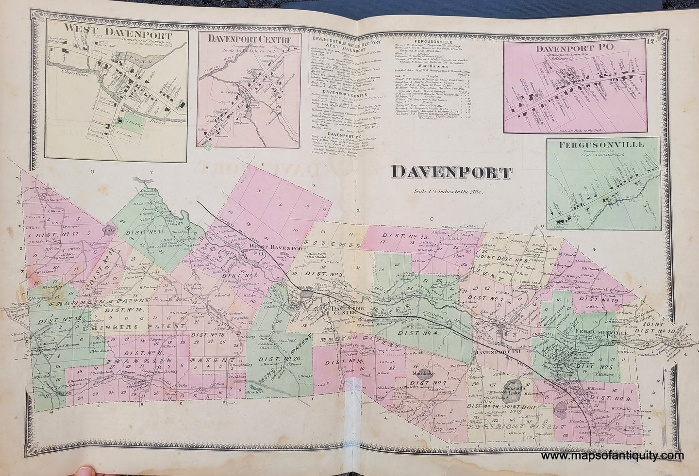 Genuine-Antique-Map-Davenport-Delaware-Co-NY-1869-Beers-Ellis-Soule-Maps-Of-Antiquity