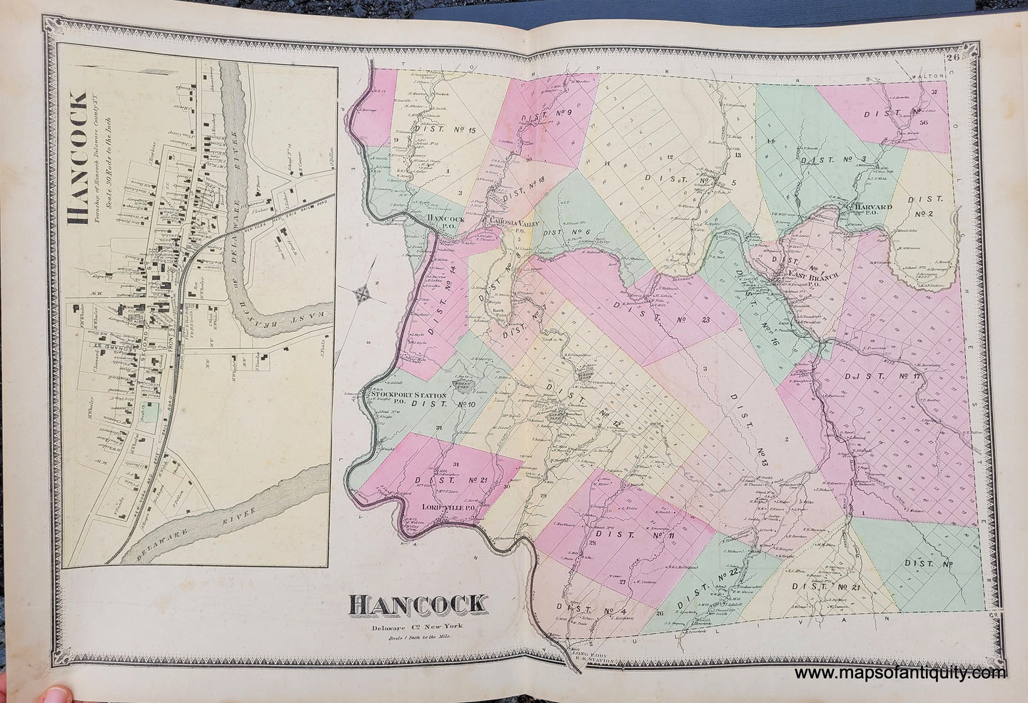 Genuine-Antique-Map-Hancock-Delaware-Co-NY-1869-Beers-Ellis-Soule-Maps-Of-Antiquity