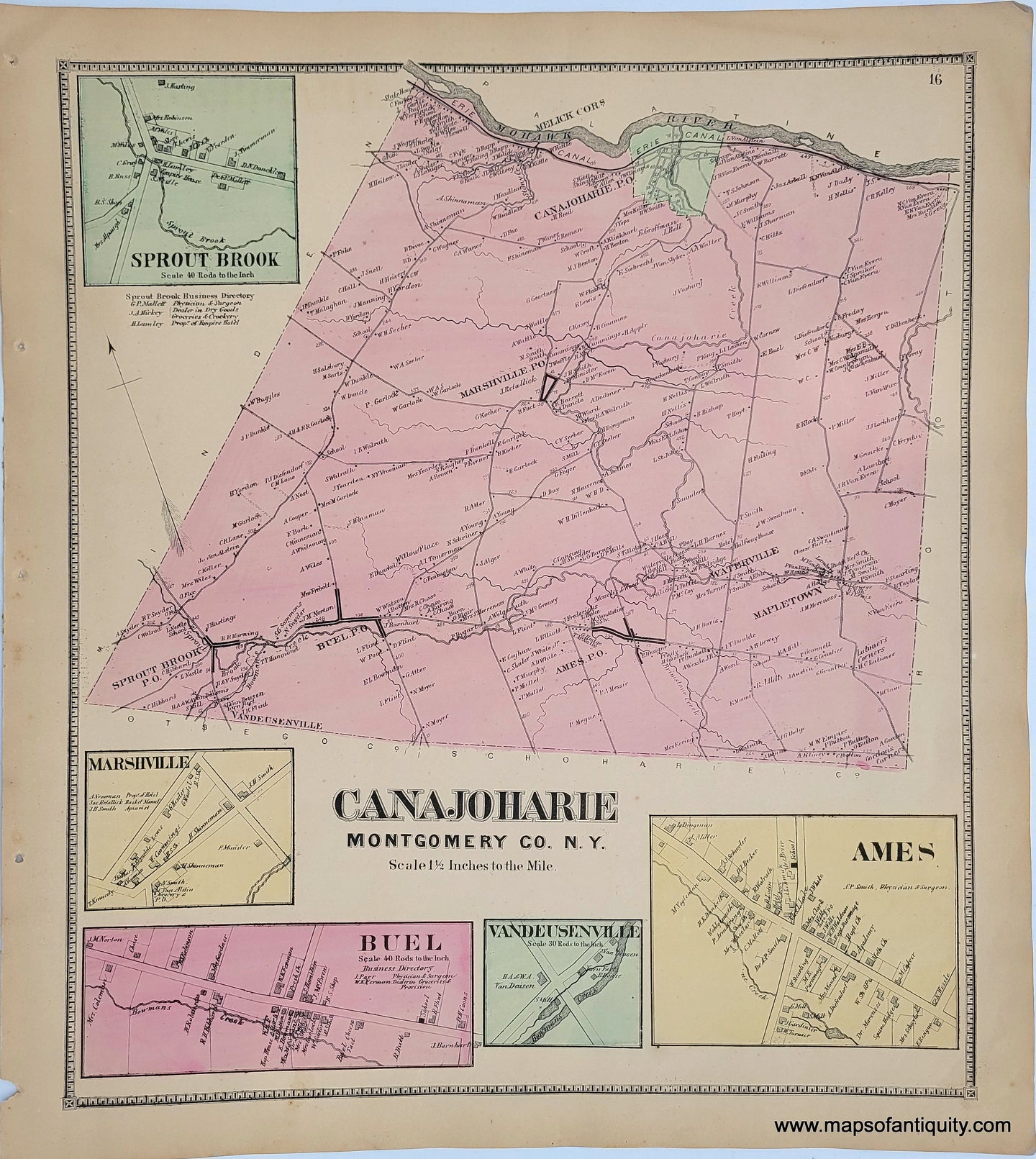 Genuine-Antique-Map-Canajoharie--New-York--1868-B-Nichols-Maps-Of-Antiquity