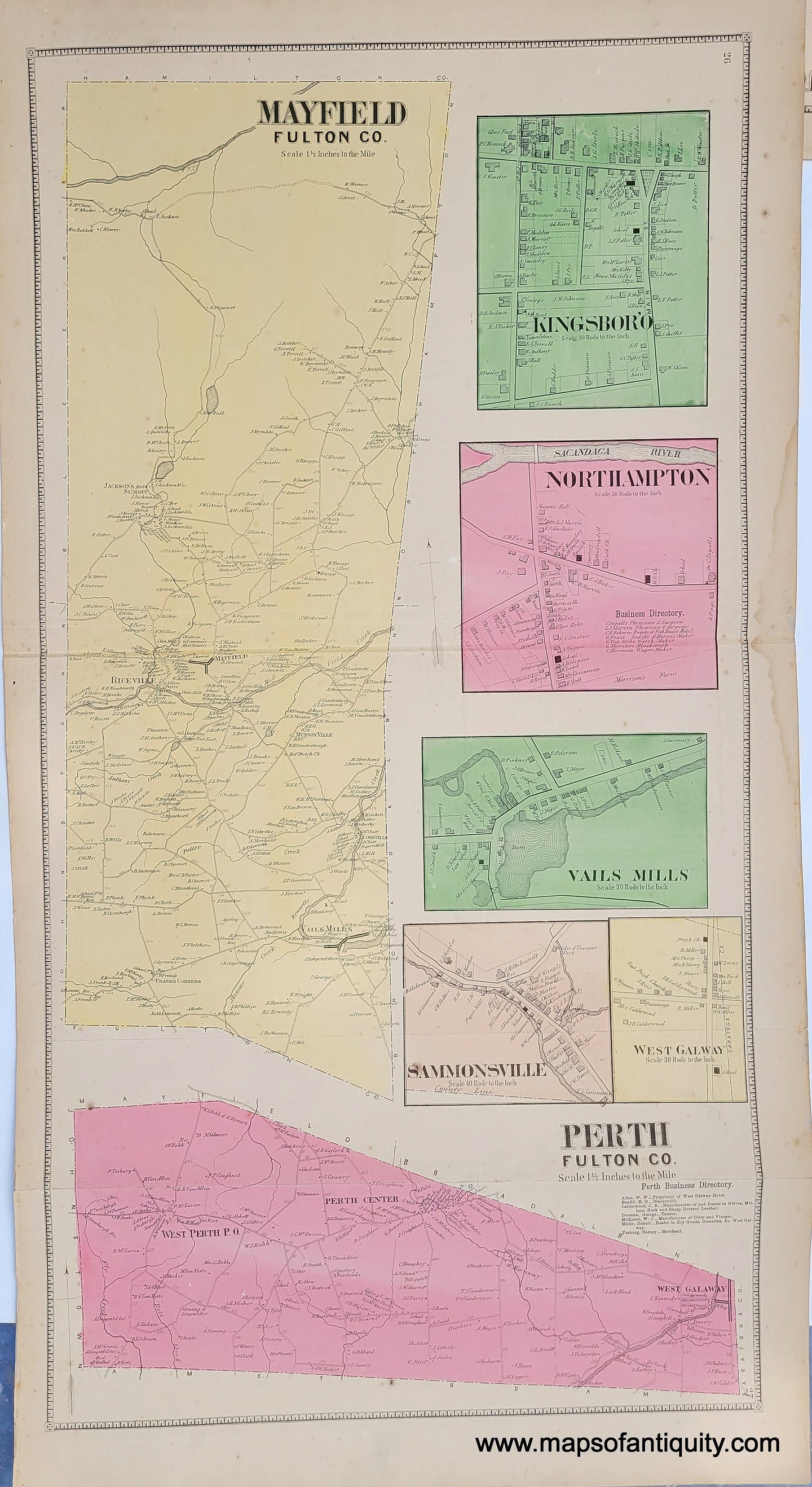 Genuine-Antique-Map-Mayfield-Perth--New-York--1868-B-Nichols-Maps-Of-Antiquity