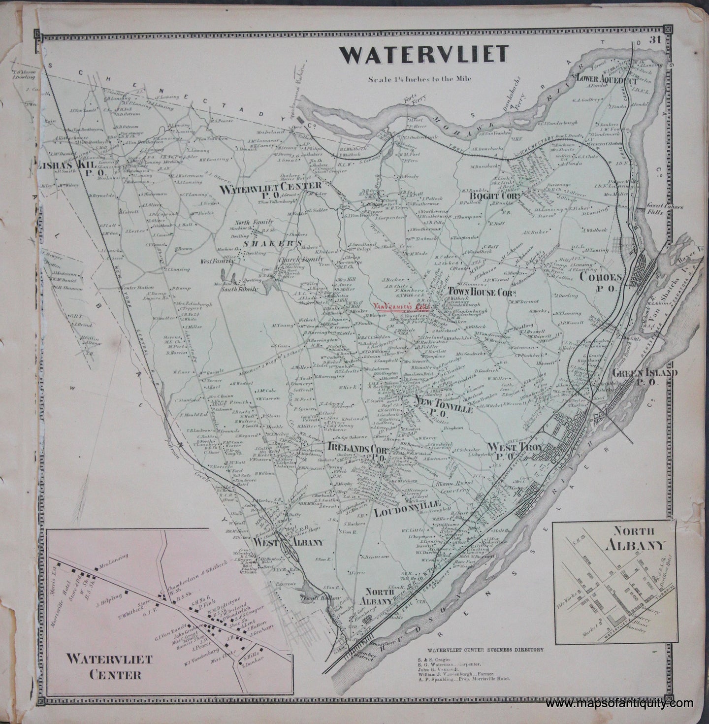 Genuine-Antique-Map-Watervliet--New-York---1866-Beers--Maps-Of-Antiquity