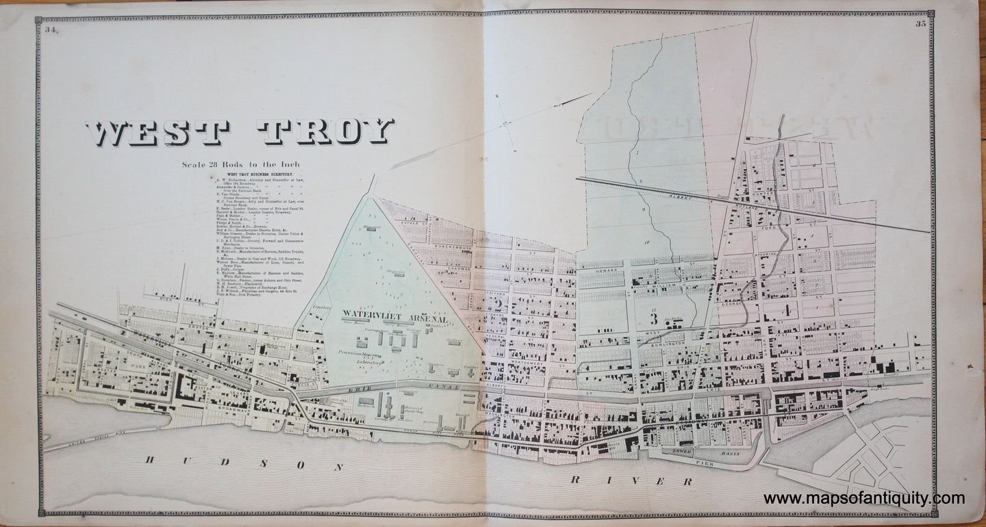 Genuine-Antique-Map-West-Troy--New-York---1866-Beers--Maps-Of-Antiquity