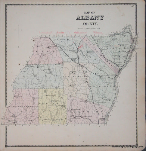 Genuine-Antique-Map-Map-of-Albany-County--New-York---1866-Beers--Maps-Of-Antiquity