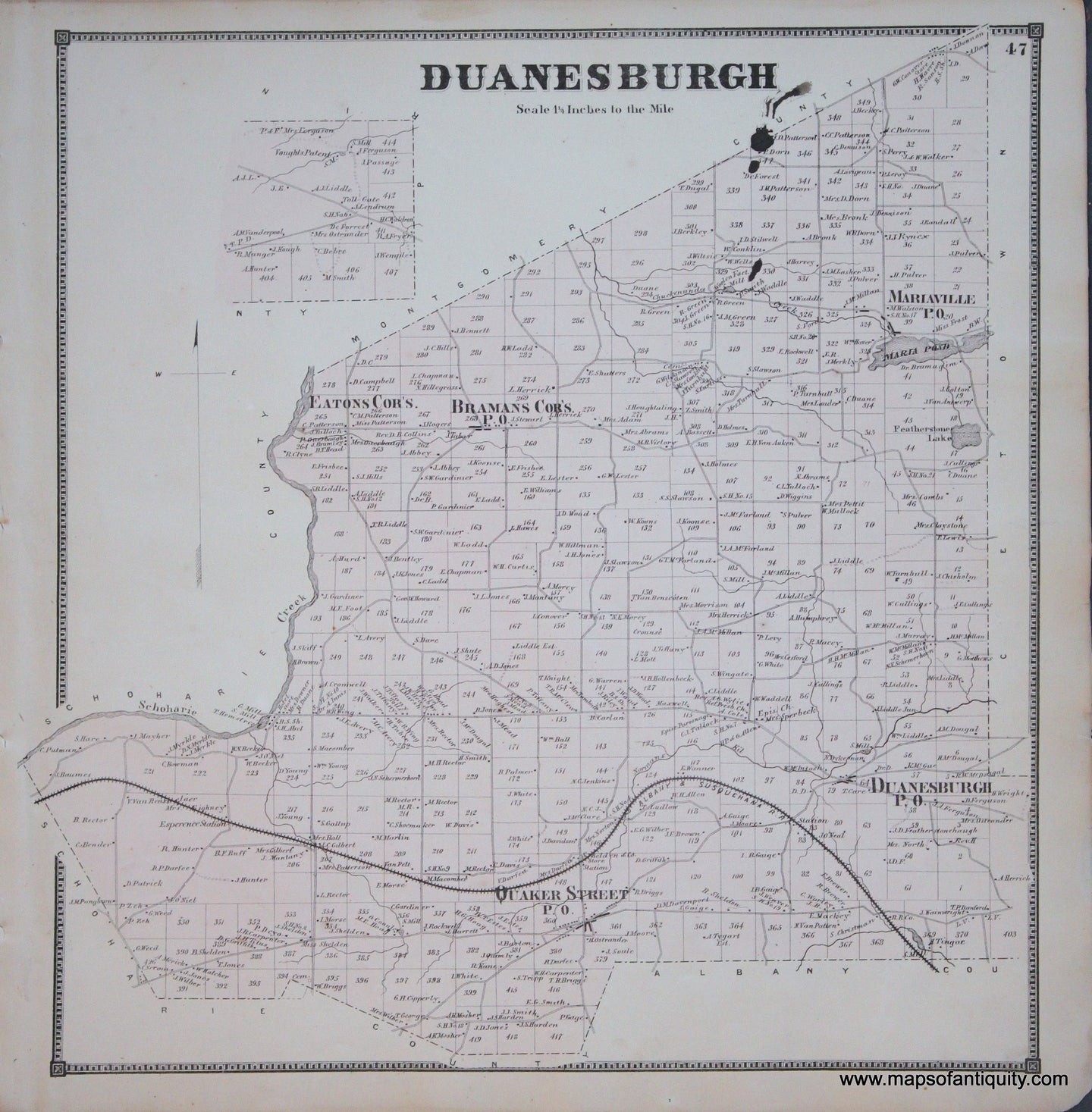 Genuine-Antique-Map-Duanesburgh-New-York---1866-Beers--Maps-Of-Antiquity