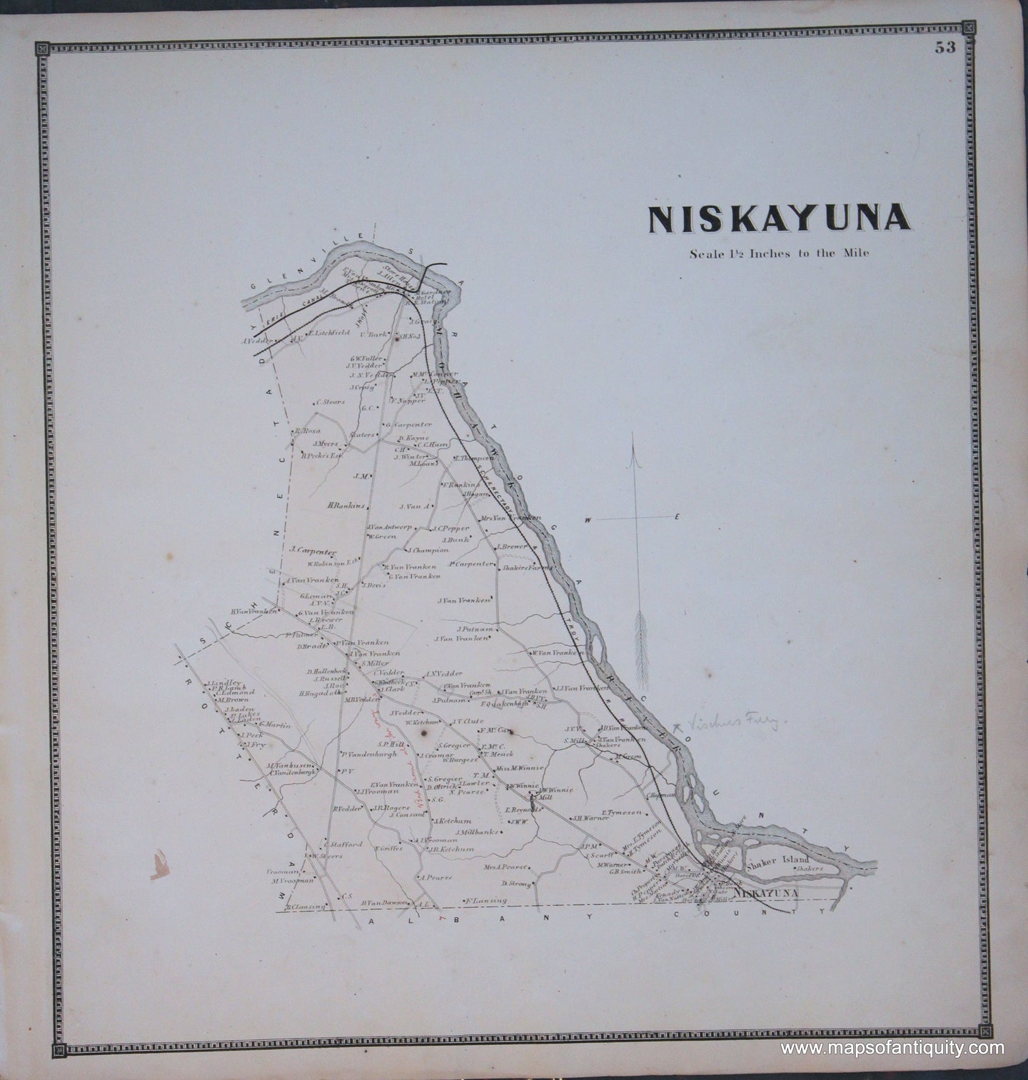 Genuine-Antique-Map-Niskayuna-New-York---1866-Beers--Maps-Of-Antiquity