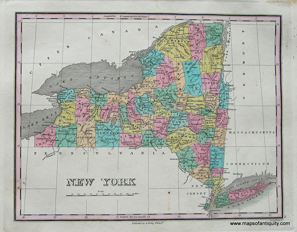 Antique-Hand-Colored-Map-New-York.-United-States-Northeast-1827-Anthony-Finley-Maps-Of-Antiquity