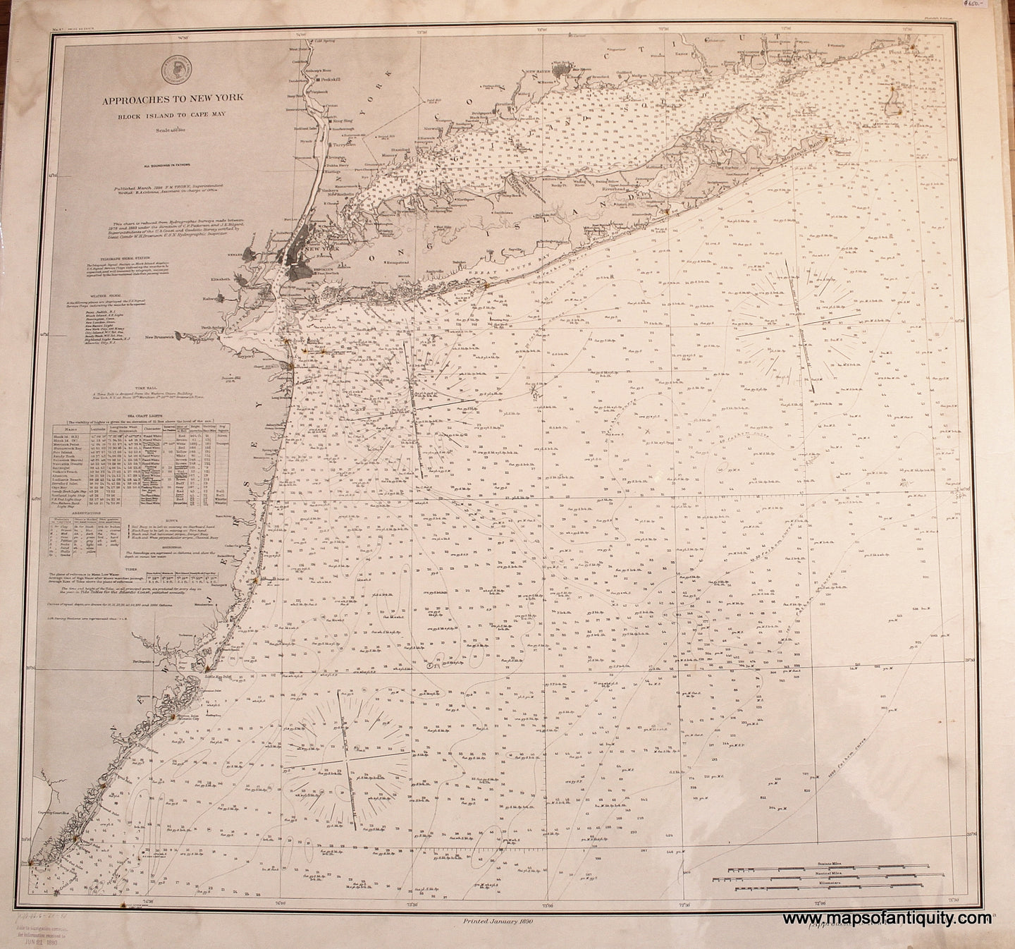 Black-&-white-Antique-Nautical-Chart-Approaches-to-New-York-Block-Island-to-Cape-May-****-United-States-Northeast-1886-U.S.-Coast-&-Geodetic-Survey-Maps-Of-Antiquity
