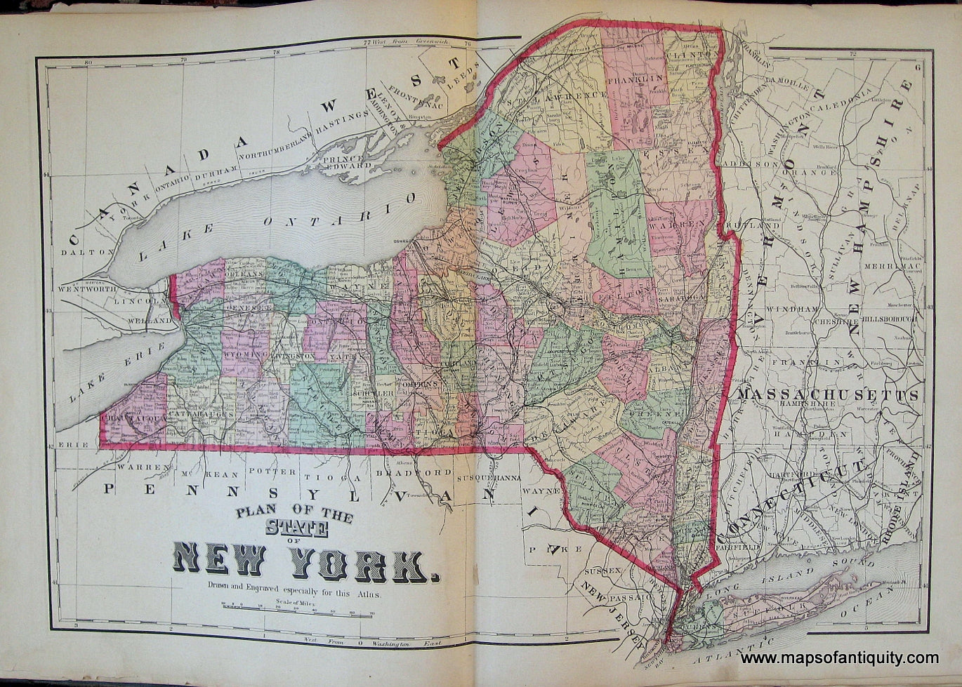 Antique-Hand-Colored-Map-Plan-of-the-State-of-New-York.-United-States-Northeast-1873-Beers-Maps-Of-Antiquity