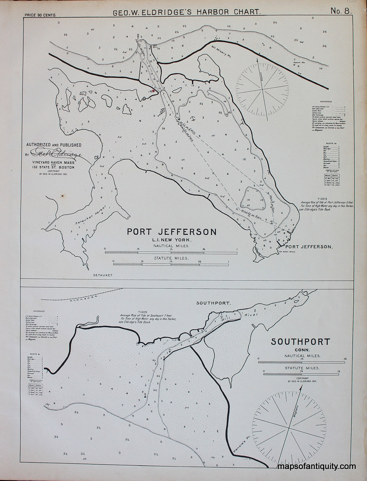 Black-and-White-Antique-Map-Port-Jefferson-L.I.-New-York-and-Southport-Conn.-United-States-Northeast-1901-George-Eldridge-Maps-Of-Antiquity