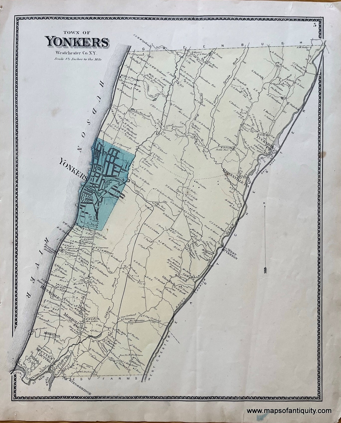Antique-Map-Town-of-Yonkers-Westchester-Co.-N.Y.-NY-New-York-Maps-of-Antiquity