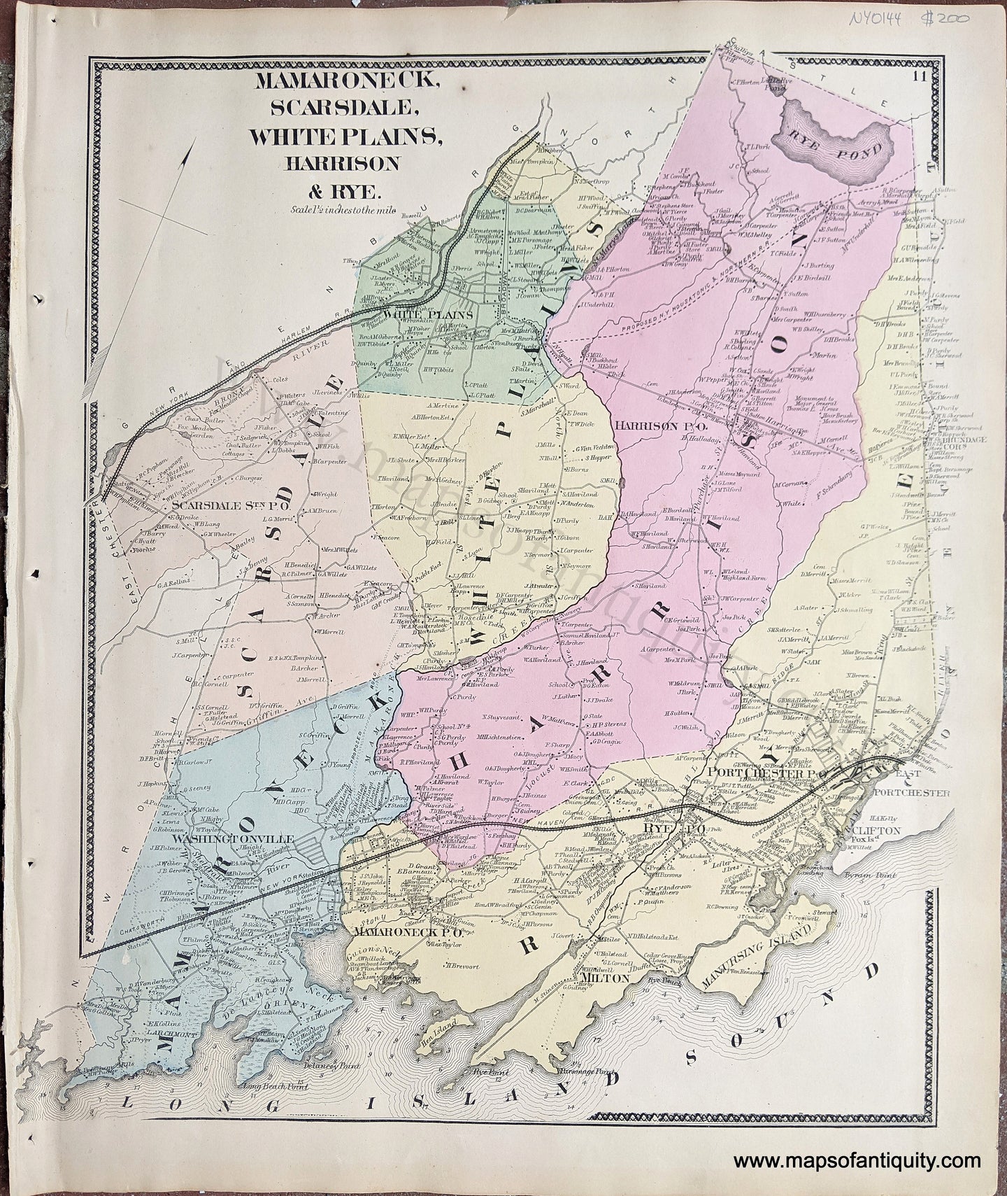 1867 - Mamaroneck, Scarsdale, White Plains, Harrison & Rye. (NY) - Antique Map
