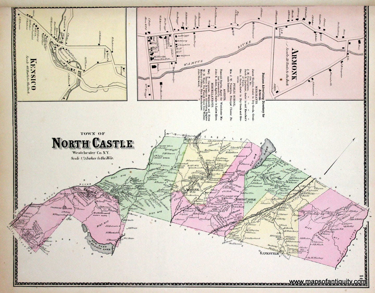 Antique-Hand-Colored-Map-Town-of-North-Castle-Westchester-Co.-N.Y.-(with-insets-of-Armonk-and-Kensico)-United-States-Northeast-1867-Beers-Maps-Of-Antiquity