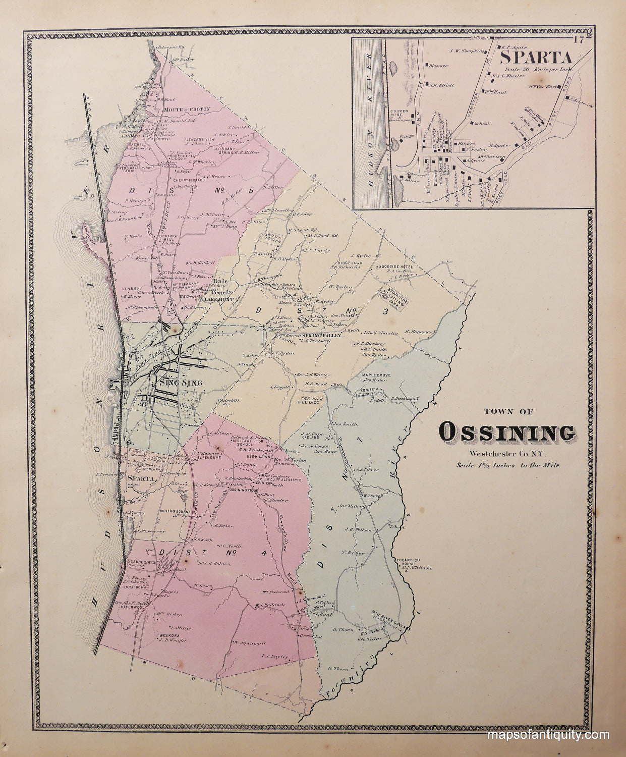 Antique-Hand-Colored-Map-Town-of-Ossining-Westchester-Co.-N.Y.-(with-inset-of-Sparta)-United-States-Northeast-1867-Beers-Maps-Of-Antiquity