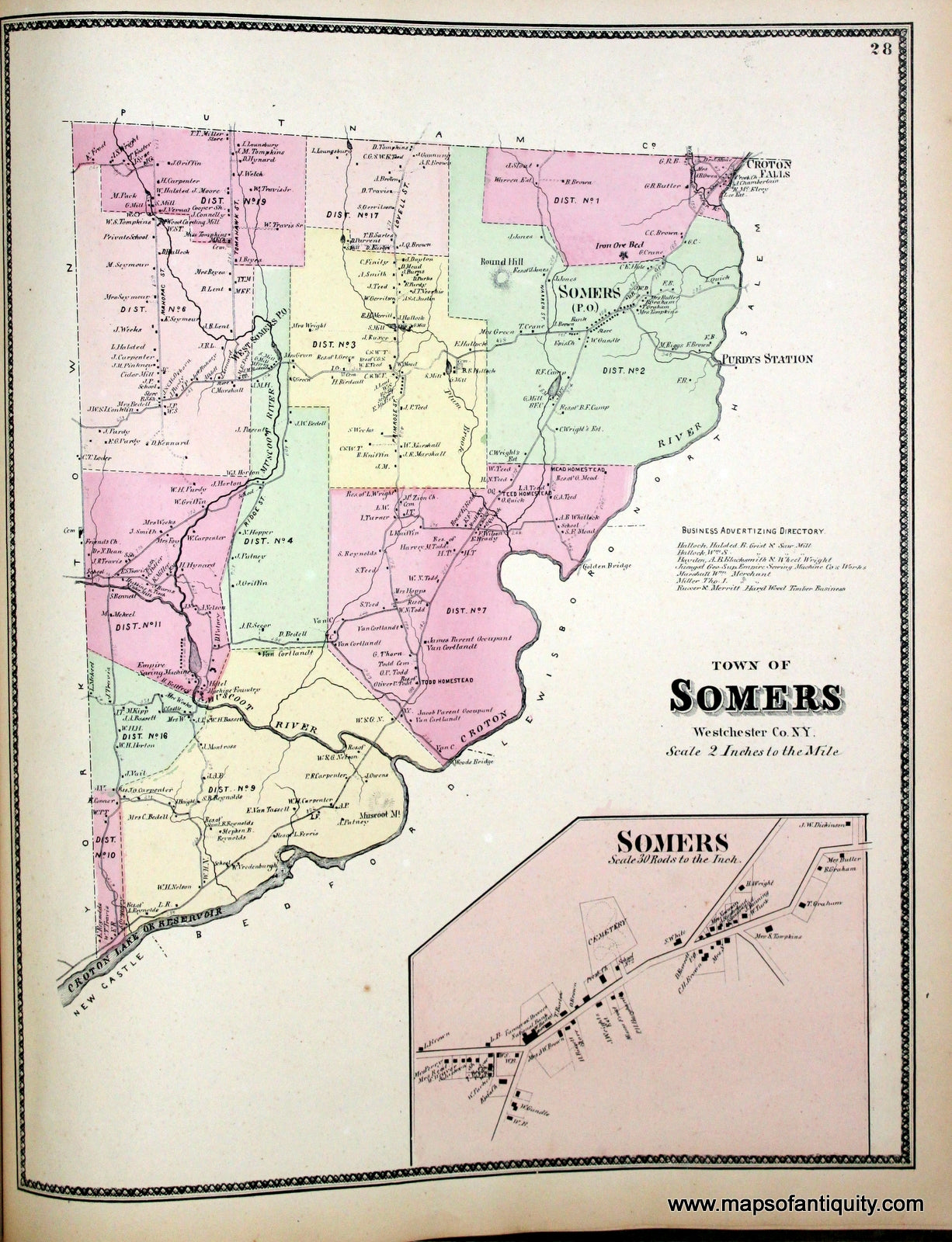 Antique-Hand-Colored-Map-Town-of-Somers-Westchester-Co.-N.Y.-(with-inset-closer-view-of-Somers)-United-States-Northeast-1867-Beers-Maps-Of-Antiquity