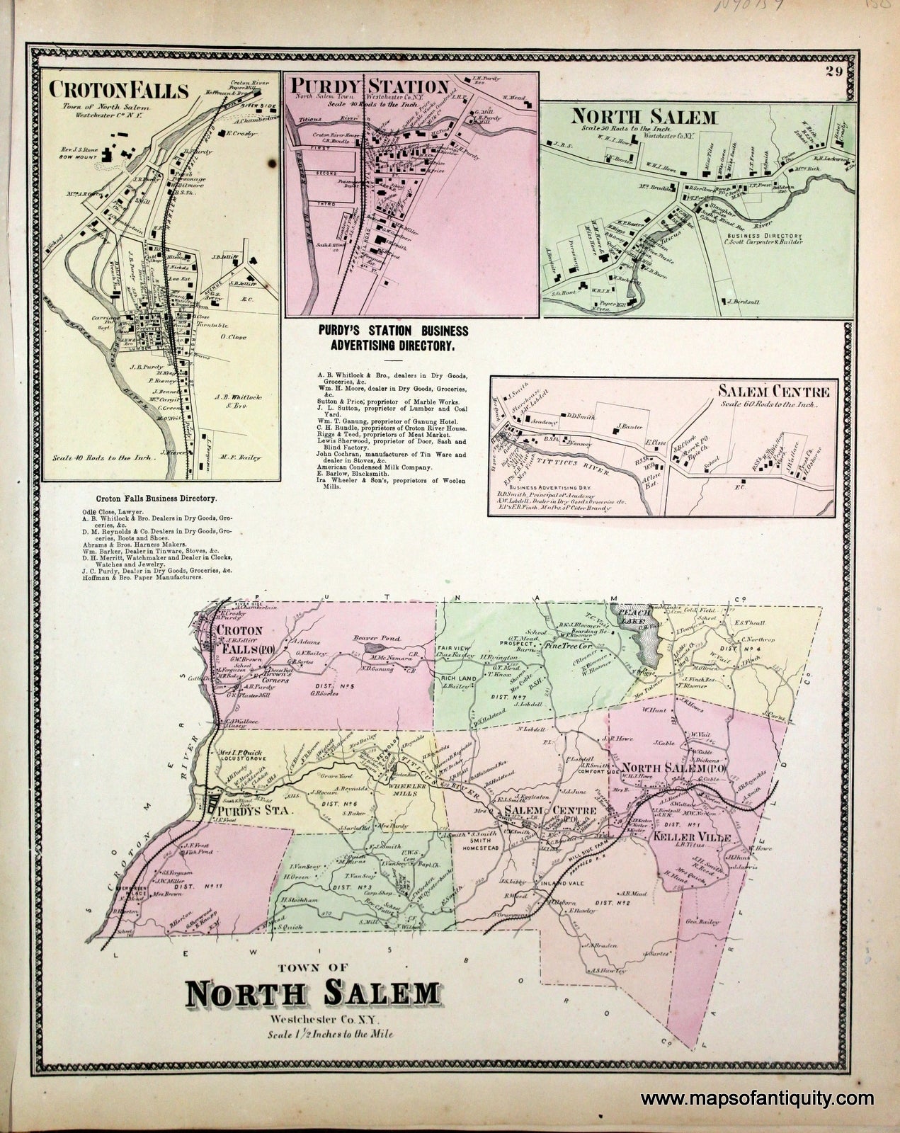 Antique-Hand-Colored-Map-Town-of-North-Salem-Westchester-Co.-N.Y.-(with-insets-of-Croton-Falls-Purdy-Station-North-Salem-and-Salem-Center).-United-States-Northeast-1867-Beers-Maps-Of-Antiquity