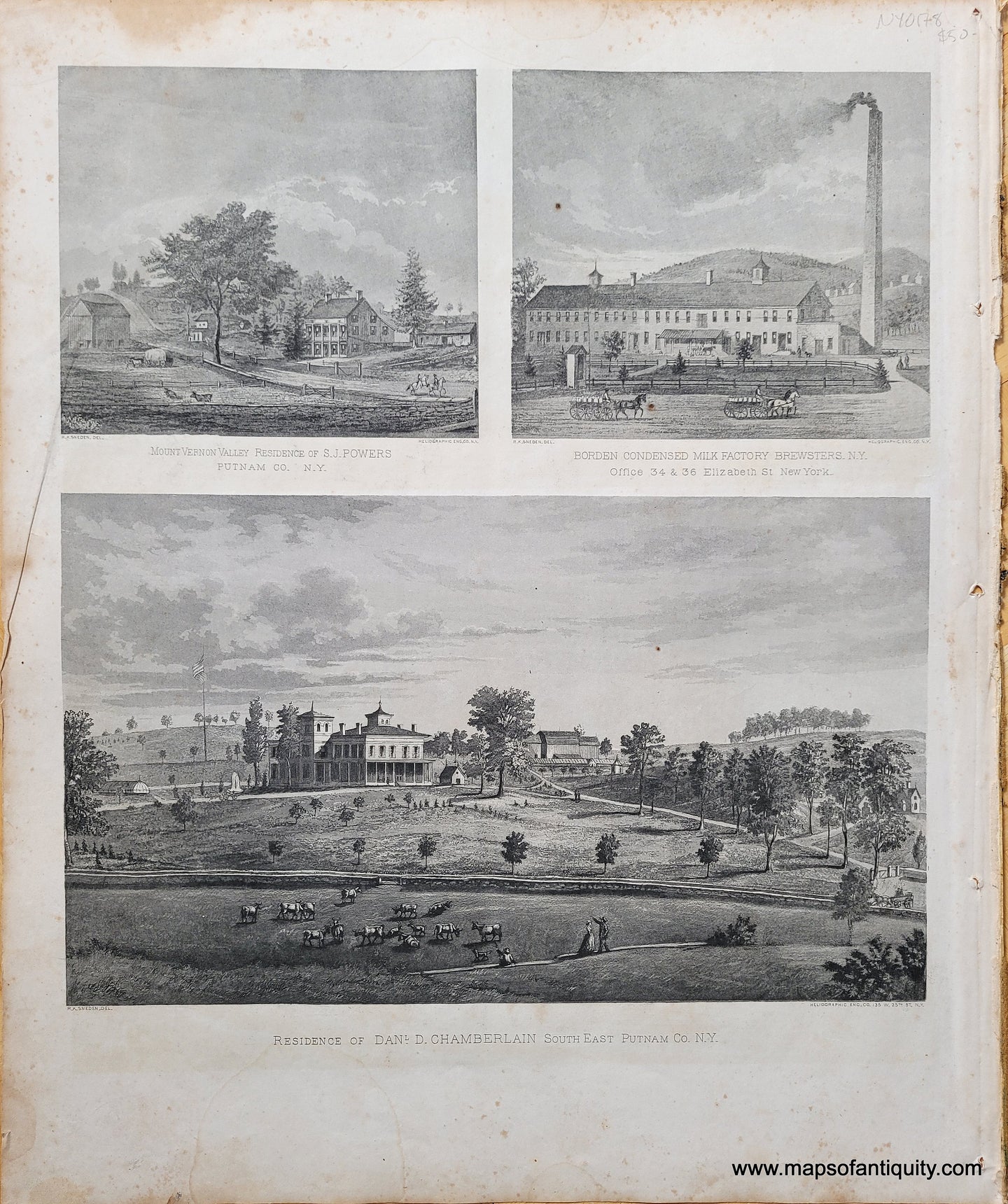 Black-and-White-Antique-Illustration-Residence-of-Danl.-D.-Chamberlain-South-East-Putman-N.Y.-also-Mount-Vernon-Valley-Residence-of-S.J.-Powers-Putman-Co.-N.Y.-and-Borden-Condensed-Milk-Factory-Brewsters-N.Y.--United-States-Northeast-1867-Beers-Maps-Of-Antiquity