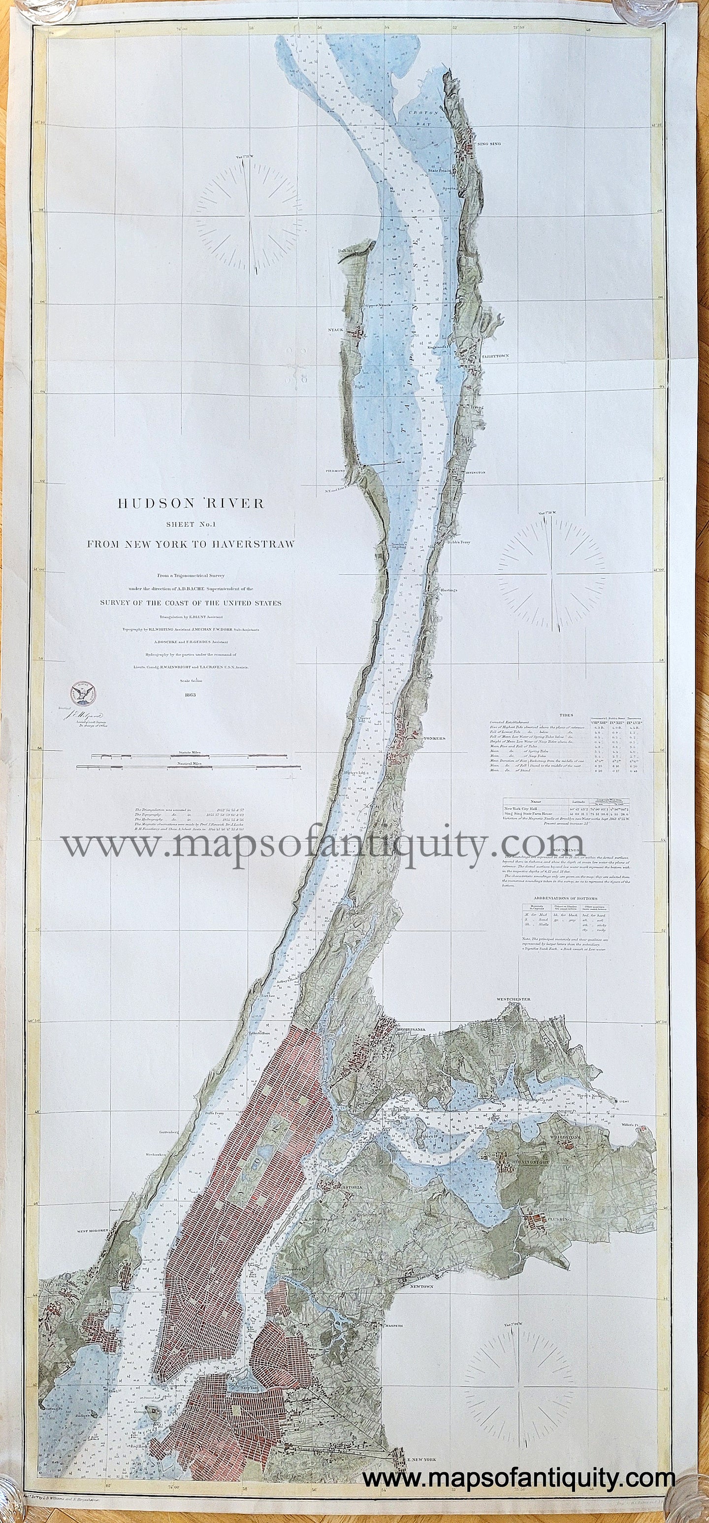 Hand-Colored-Antique-Coastal-Chart-Hudson-River-Sheet-No.-1-from-New-York-to-Haverstraw-**********-United-States-Northeast-1863-U.S.-Coast-Survey-Maps-Of-Antiquity