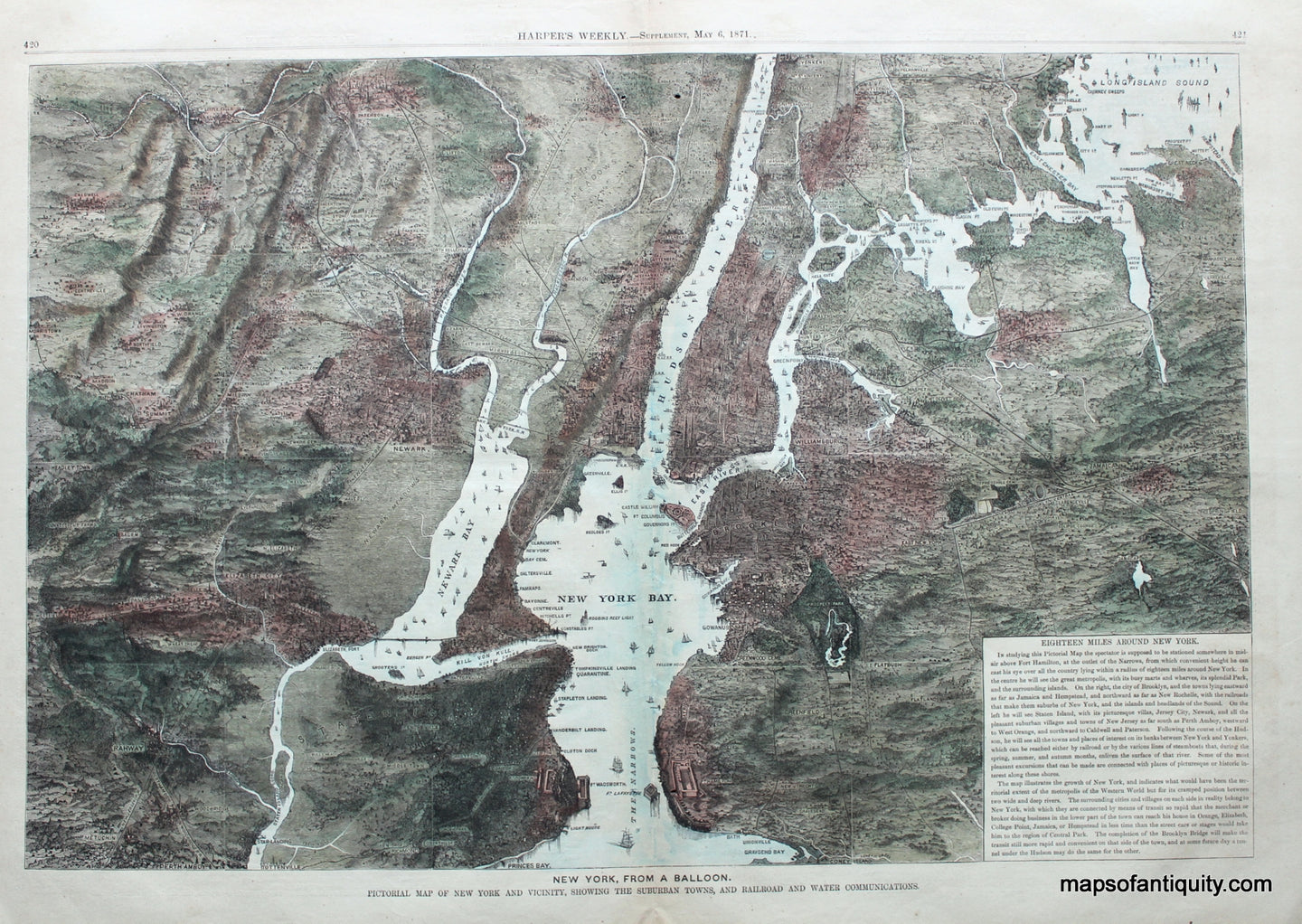 Antique-Bird's-Eye-View-Map-New-York-from-a-Balloon.-Pictorial-Map-of-New-York-and-Vicinity-Showing-the-Suburban-Towns-and-Railroad-and-Water-Communications.****-United-States-Northeast-1871-Harper's-Weekly-Maps-Of-Antiquity