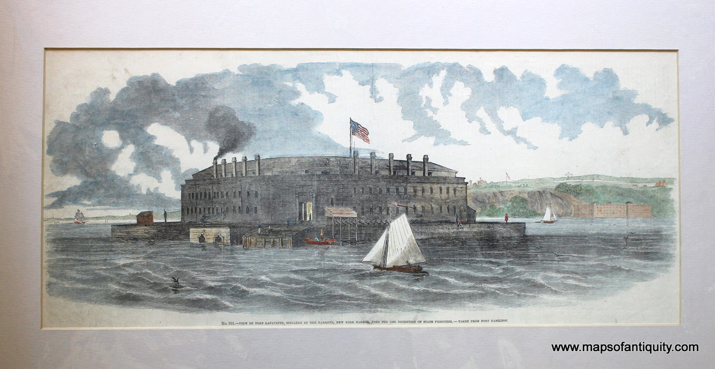 Hand-Colored-Antique-Illustration-View-of-Fort-Lafayette-Situated-on-The-Narrows-New-York-Harbor-used-for-the-Detention-of-State-Prisoners.---Taken-from-Fort-Hamilton.**********-United-States-Northeast-1865-Pictorial-History-of-the-Civil-War-Maps-Of-Antiquity