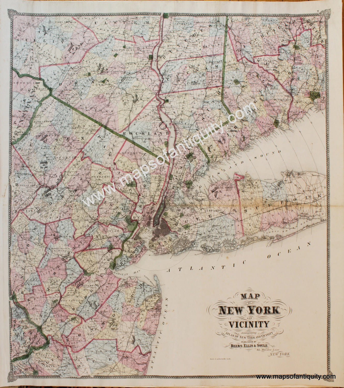 Antique-Hand-Colored-Map-Map-of-New-York-and-Vicinity-United-States-Northeast-1872-Beers-Maps-Of-Antiquity