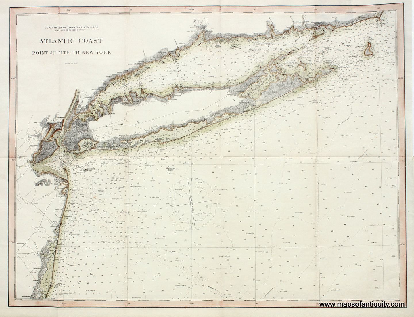 Hand-Colored-Antique-Coastal-Chart-Atlantic-Coast-Point-Judith-to-New-York**********--United-States-1890-U.S.-Coast-Survey-Maps-Of-Antiquity