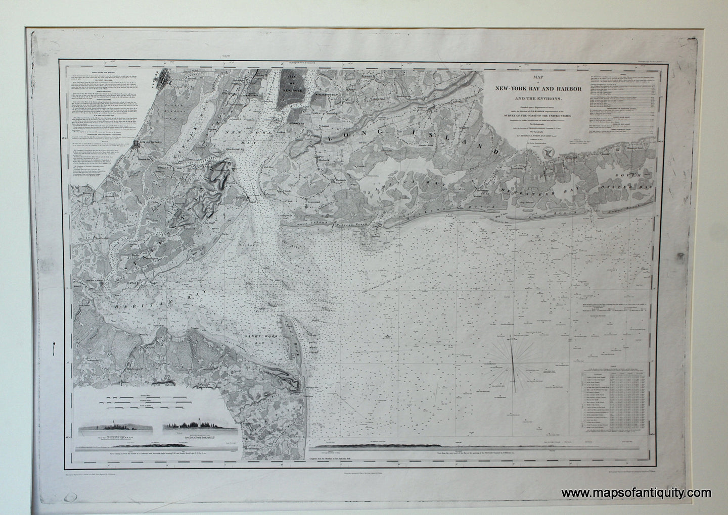 Black-and-White-Antique-Coastal-Chart-Map-of-New-York-Bay-and-Harbor-and-the-Environs.-**********-United-States-Northeast-1845-U.S.-Coast-Survey-Maps-Of-Antiquity
