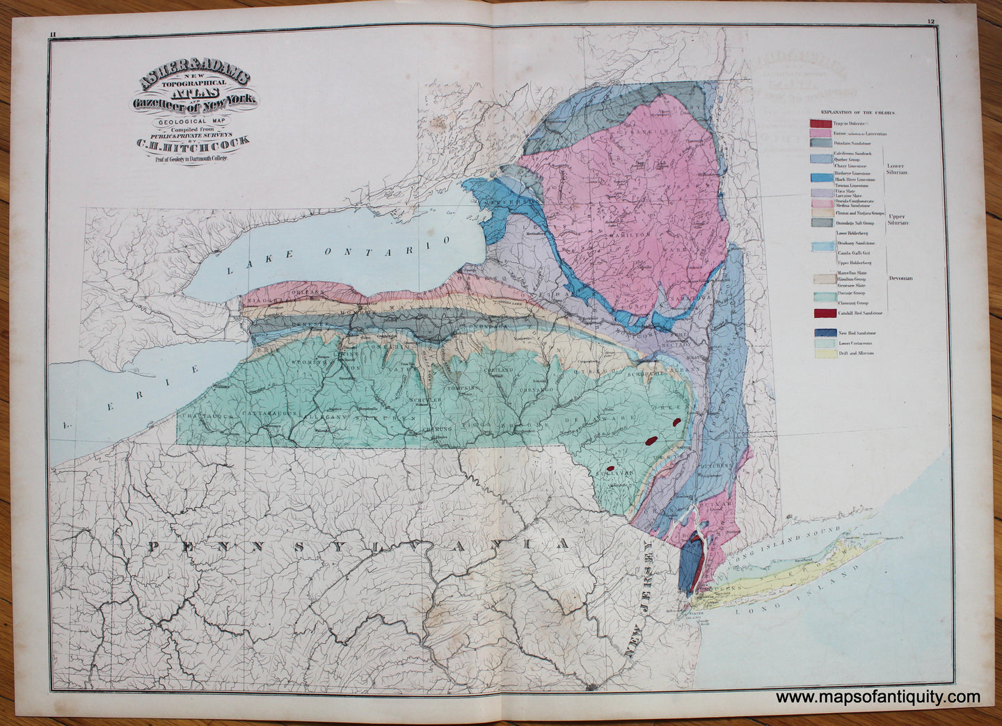 Antique-Map-Asher-&-Adams'-Geological-Map-of-the-State-of-New-York-1872-1870s-1800s-19th-century