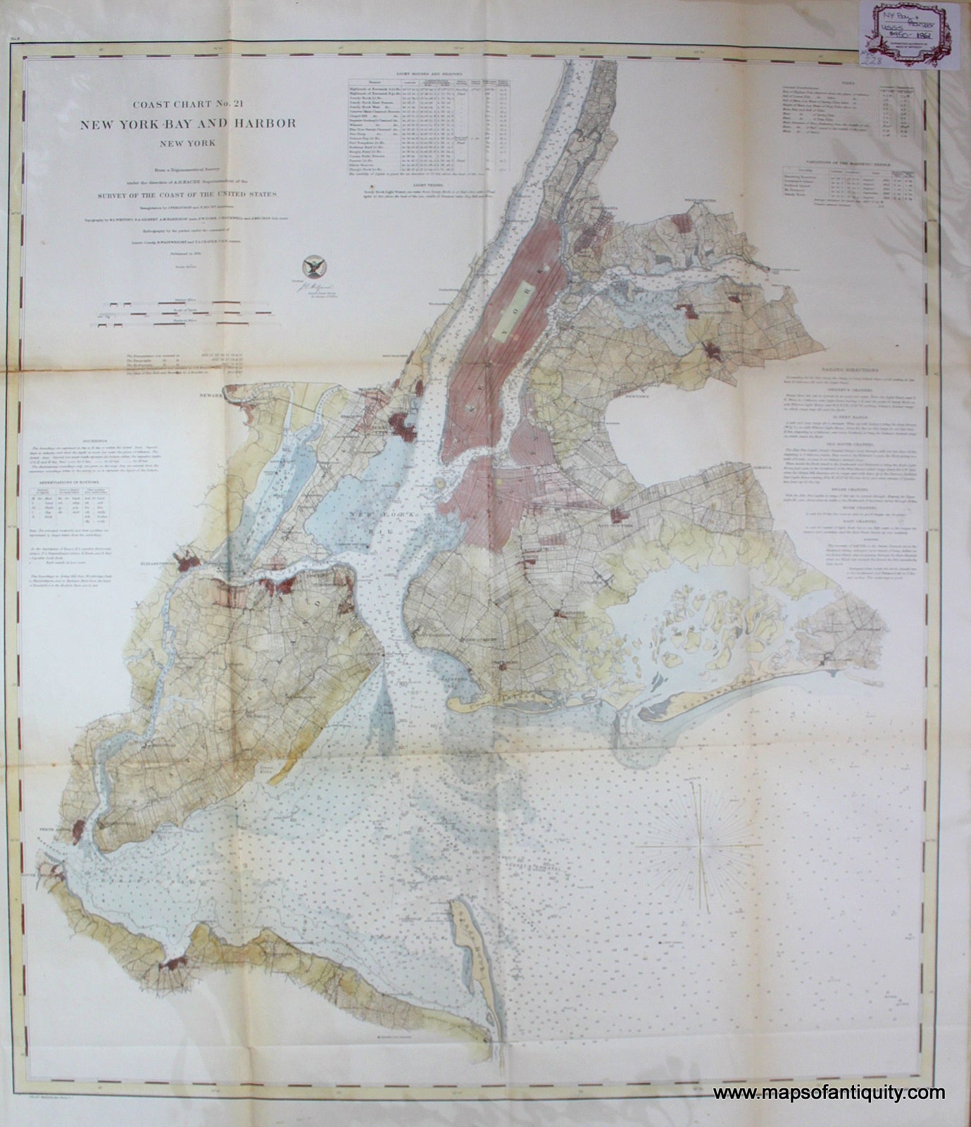 Hand-Colored-Antique-Coastal-Charg-Coast-Chart-No.-21-New-York-and-Harbor**********-New-York-City-Antique-Nautical-Charts-1861-U.S.-Coast-Survey-Maps-Of-Antiquity