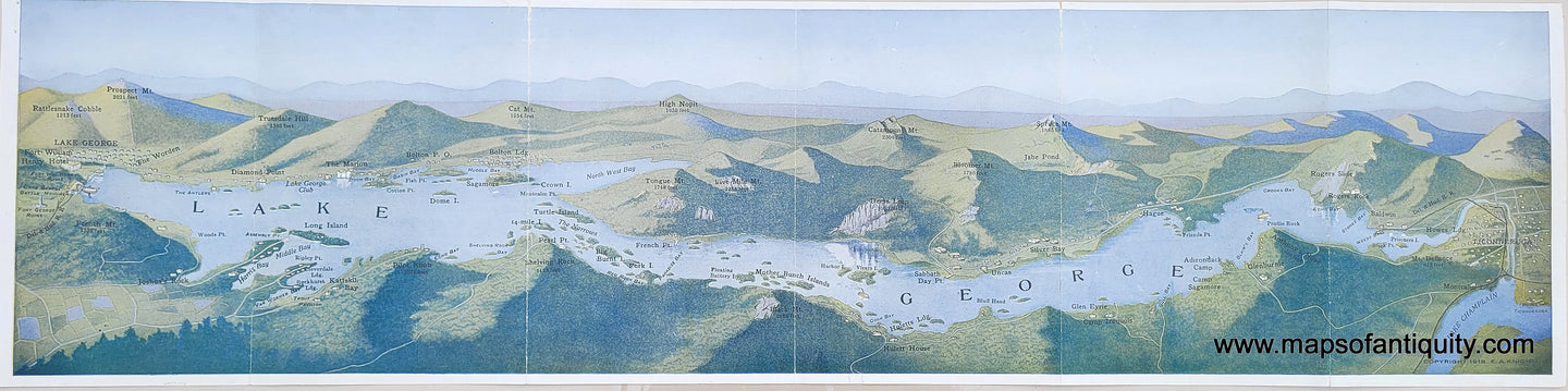 Antique-Resort-Brochure-Lake-George-birds-eye-view-illustration-print-map-New-York-Lake-George-green mountains and hills, blue water, misty distant mountains, with notable locations labeled-1918-E-A-Knight-Maps-Of-Antiquity