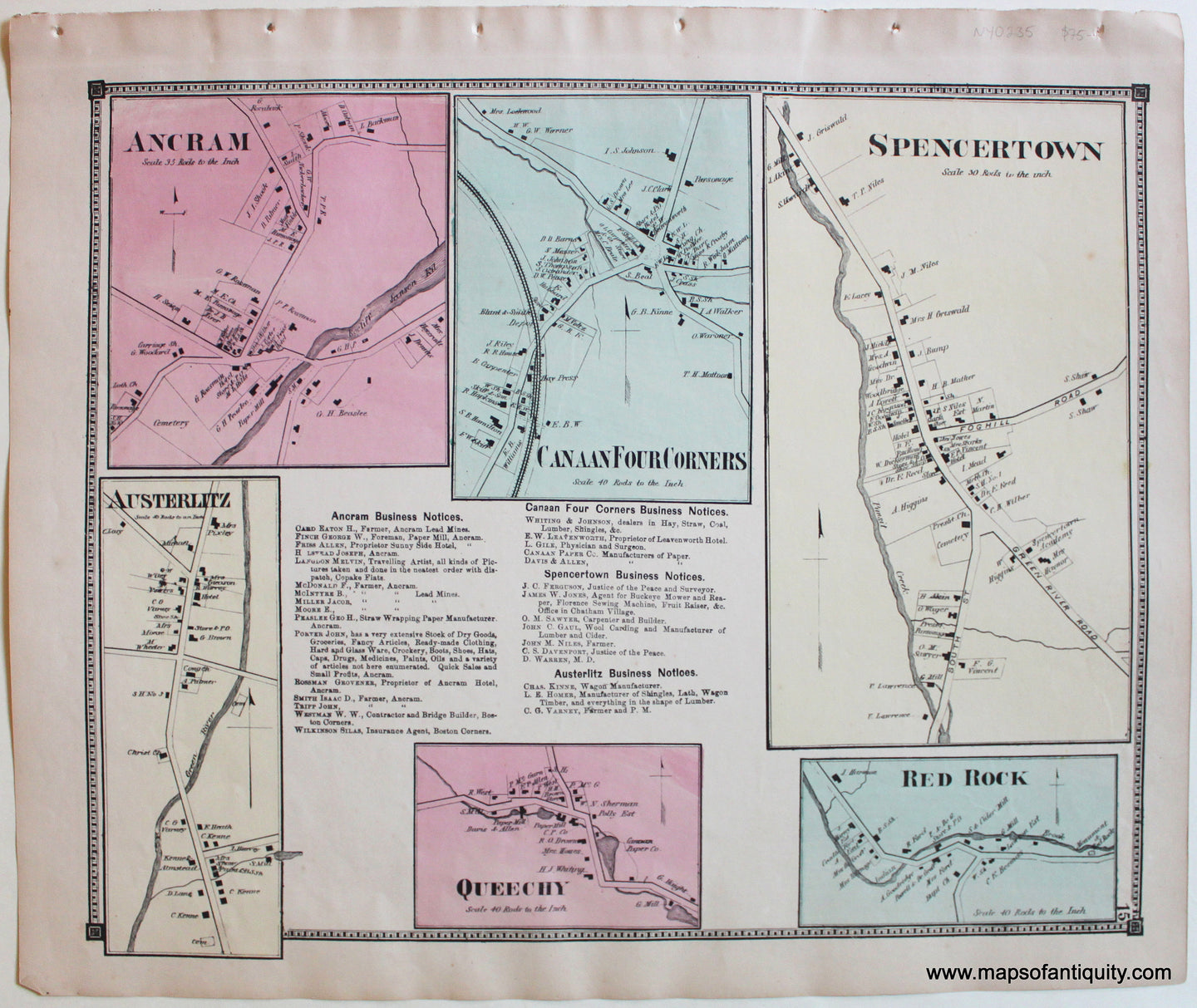 Antique-Map-Ancram-Austerlitz-Canaan-Four-Corners-Spencertown-Red-Rock-Queechy-town-centers-New-York-State-Beers-1873-Maps-of-Antiquity