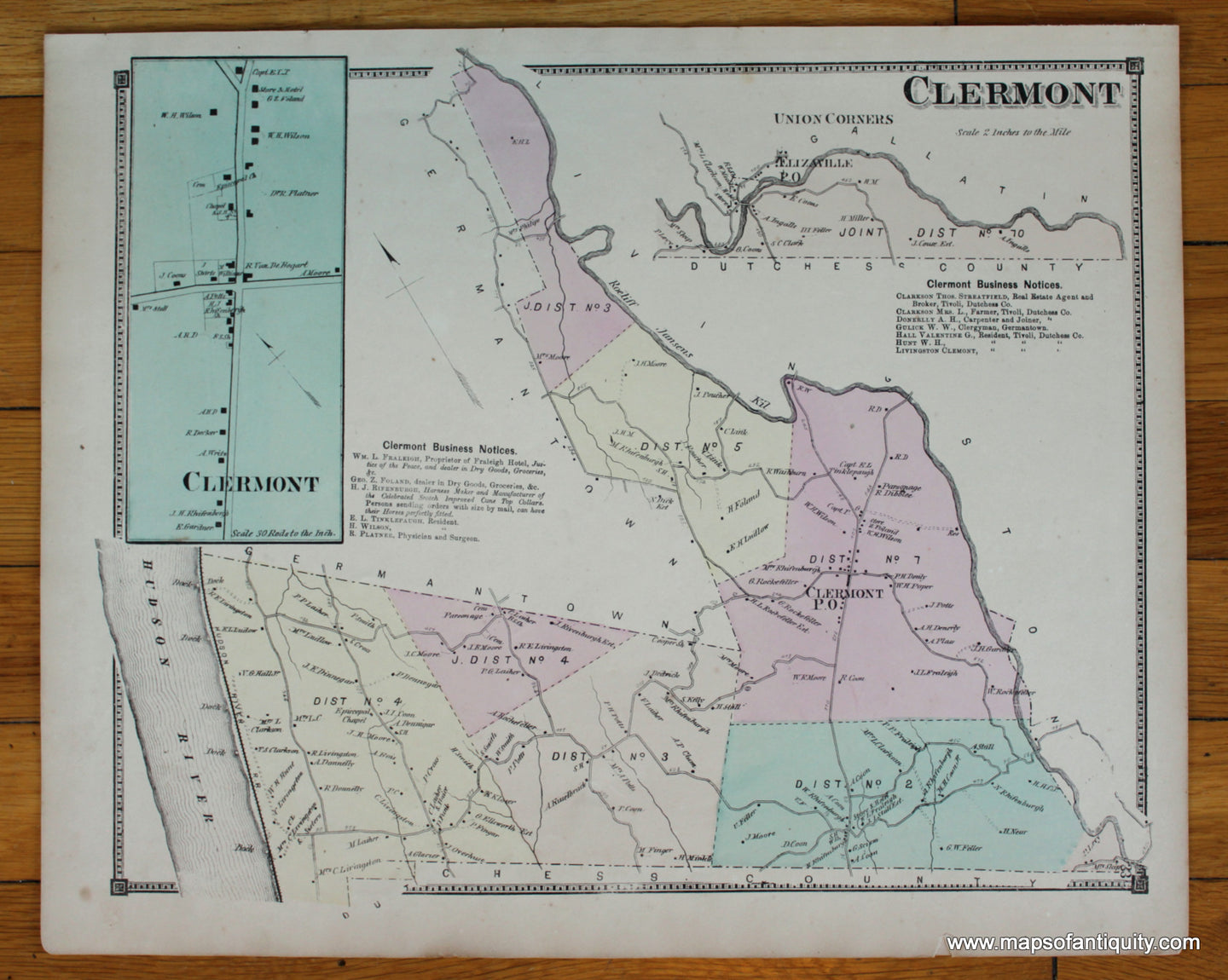 Antique-Hand-Colored-Map-Clermont-(NY)-United-States-Northeast-1873-Beers-Maps-Of-Antiquity