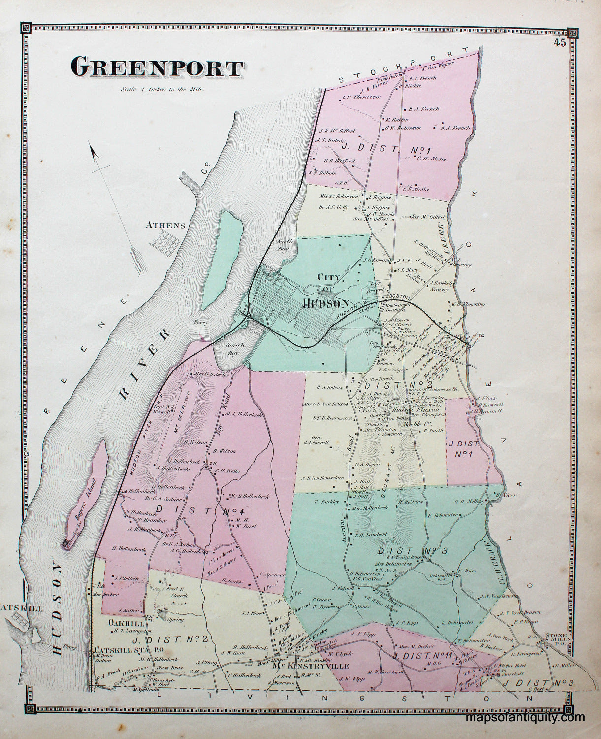 Antique-Hand-Colored-Map-Greenport-Columbia-County-(NY)-United-States-Northeast-1873-Beers-Maps-Of-Antiquity