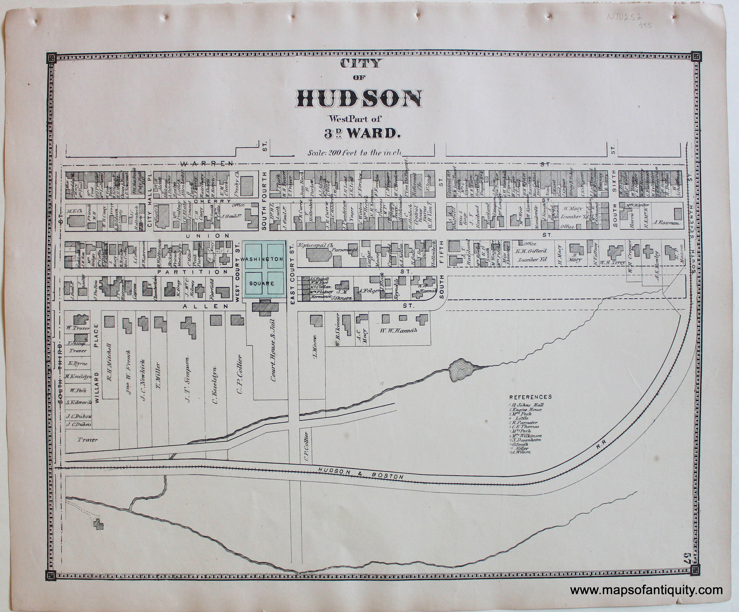 Antique-Map-City-of-Hudson-West-Part-of-3rd-Ward-Columbia-County-Atlas-New-York-State-Beers-1873-Maps-of-Antiquity