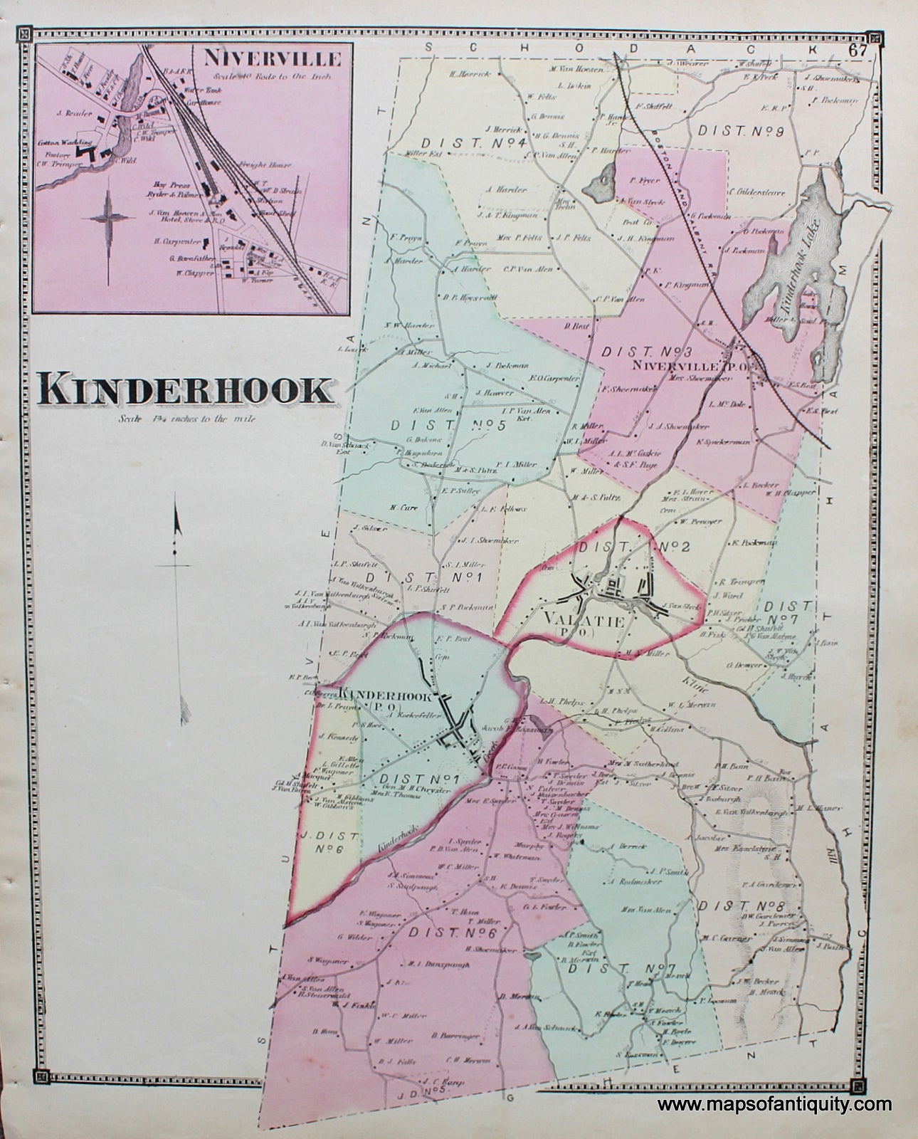 Antique-Hand-Colored-Map-Kinderhook-with-Niverville-(NY)-United-States-Northeast-1873-Beers-Maps-Of-Antiquity