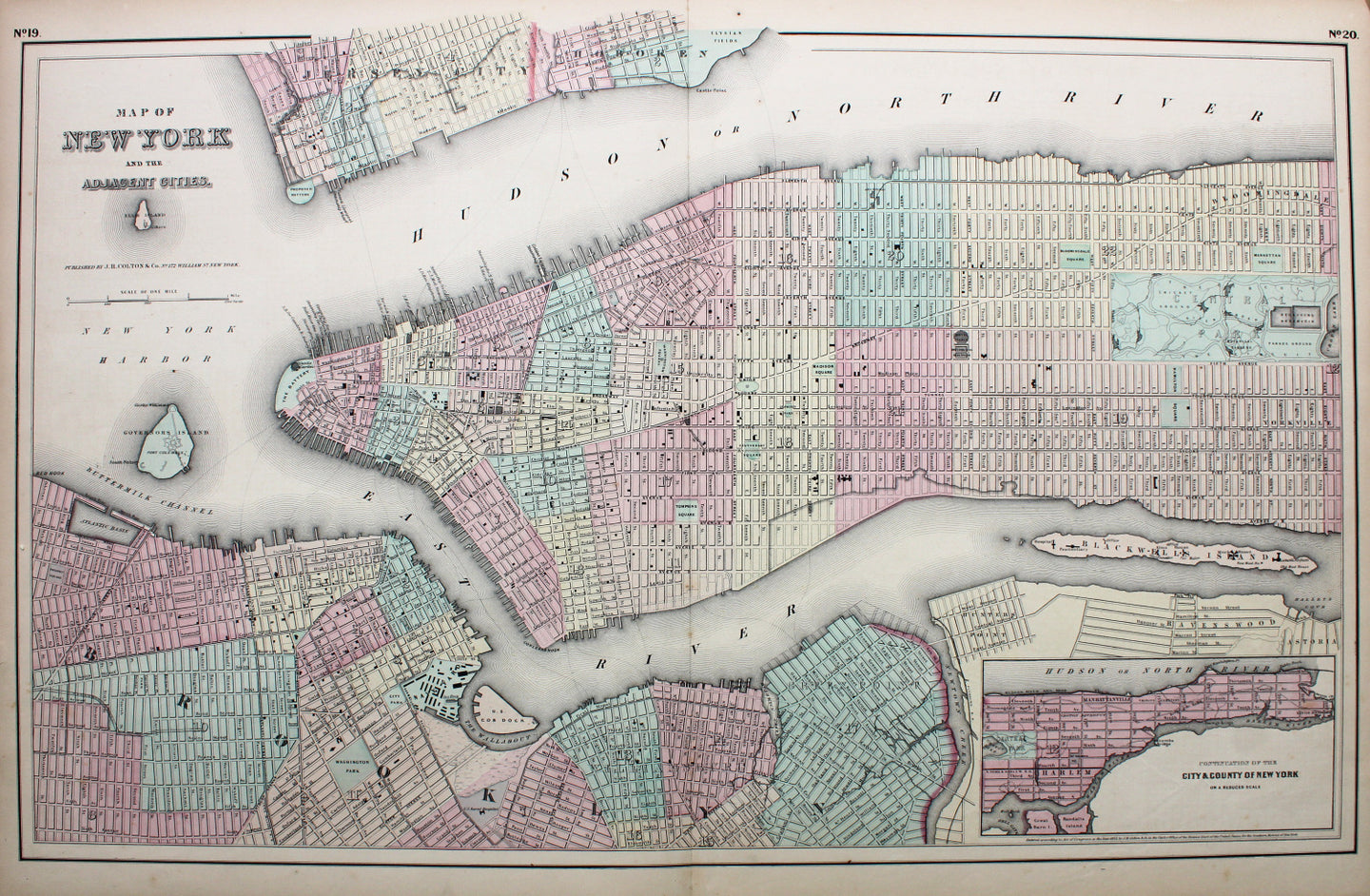 Antique-Hand-Colored-Map-Map-of-New-York-****-New-York-City--1858-Colton-Maps-Of-Antiquity