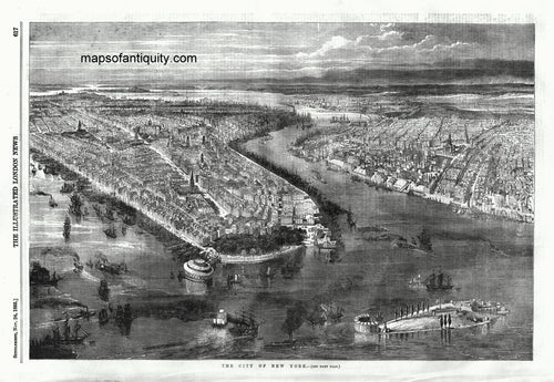 Black-and-White-Antique-Bird's-Eye-View-Map-The-City-of-New-York-Nov.-24-1855-**********-New-York-City-Bird's-Eye-View-Maps-1855-Illustrated-London-News-Maps-Of-Antiquity