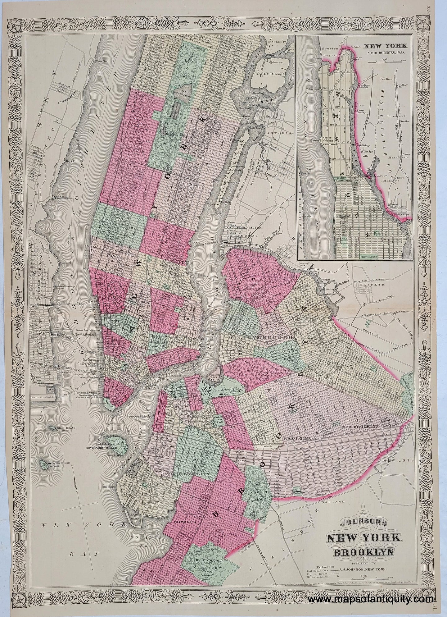 Antique-Hand-Colored-Map-Johnson's-New-York-and-Brooklyn--New-York-City--NYC-NYNY-Manhattan-1866-A.J.-Johnson-Maps-Of-Antiquity