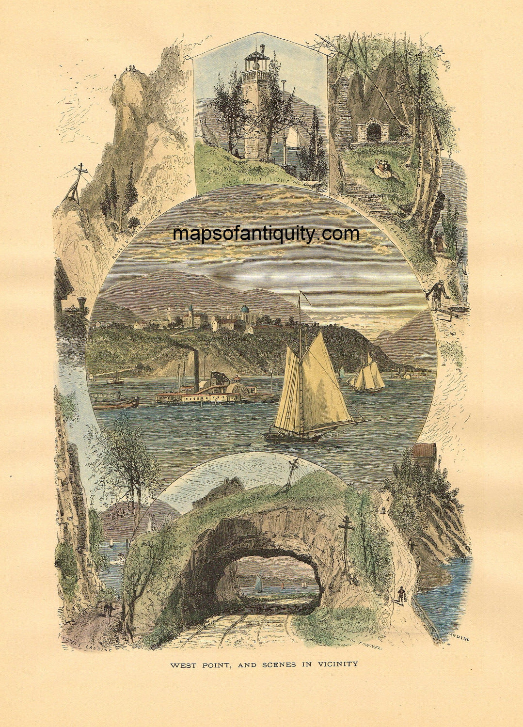 Hand-Colored-Antique-Engraving-West-Point-and-Scenes-in-Vicinity-New-York--1872-Picturesque-America-Maps-Of-Antiquity