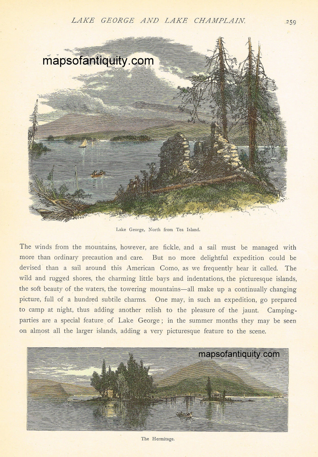 Hand-Colored-Antique-Engraving-Lake-George-North-from-Tea-Island-and-The-Hermitage-New-York-**********-New-York--1872-Picturesque-America-Maps-Of-Antiquity