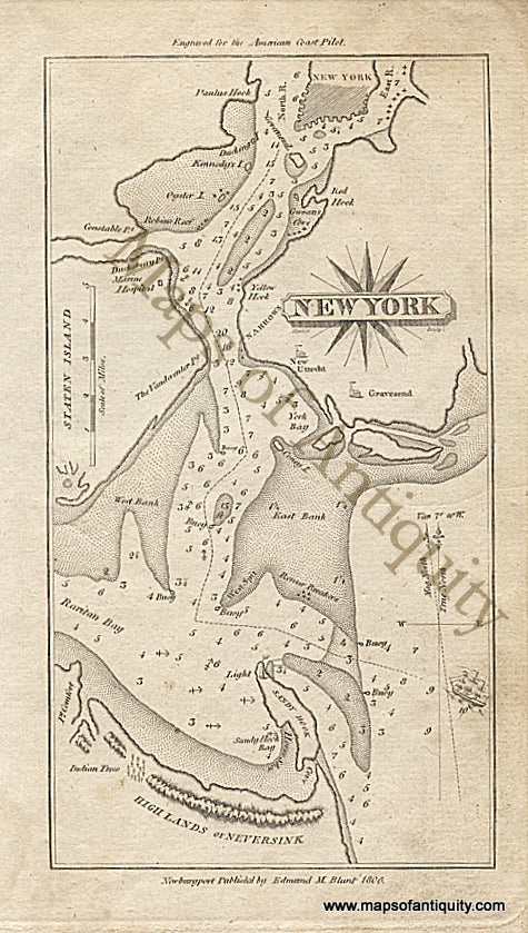 Antique-Black-and-White-Engraved-Harbor-Chart-New-York**********-New-York--1806-Blunt-Maps-Of-Antiquity
